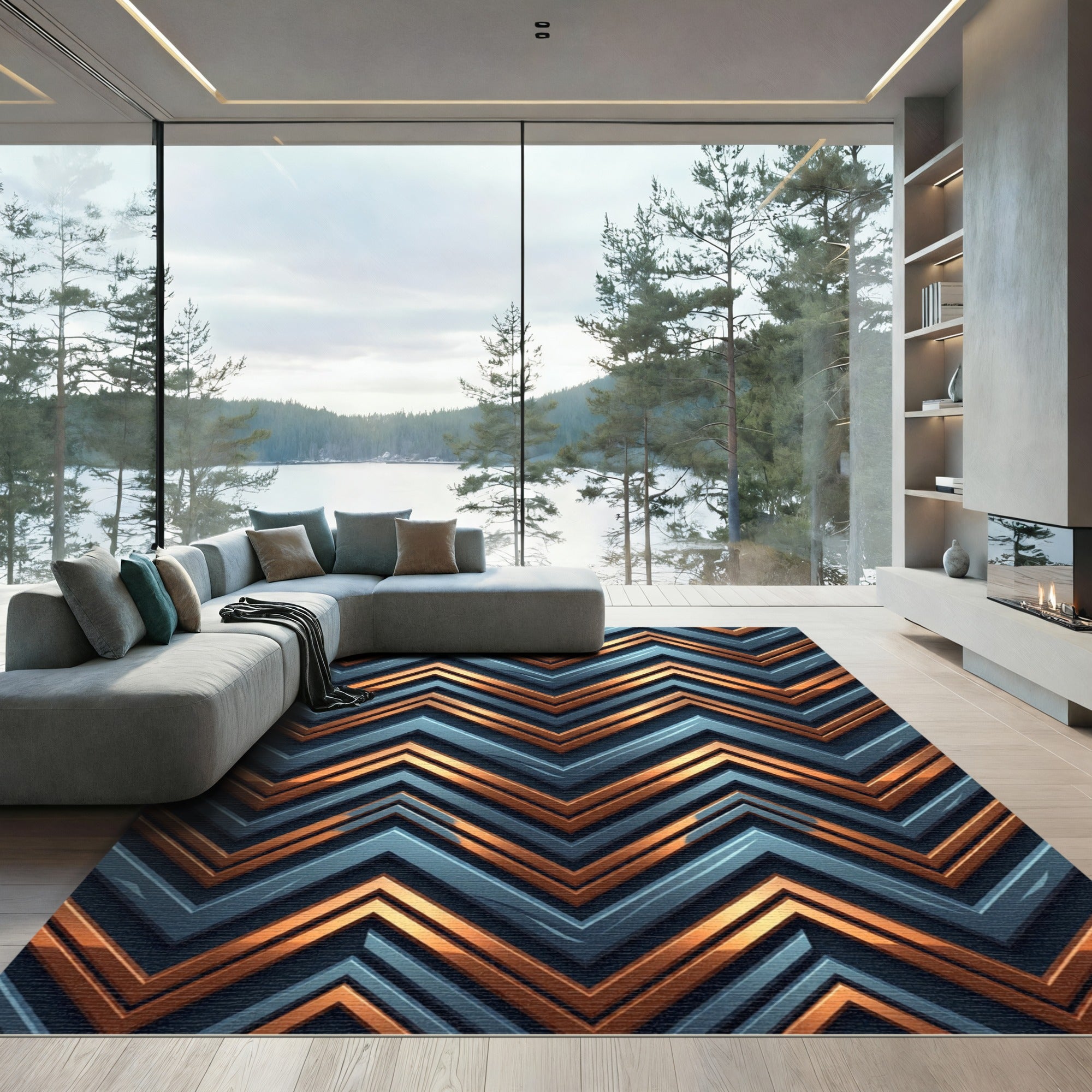 Metallic Gold and Slate Chevron Layering Rug