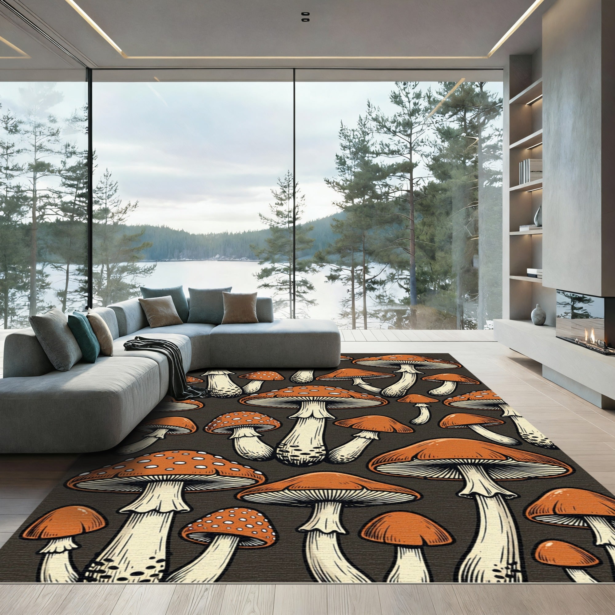 Whimsical Speckled Orange Mushroom Forest Rug