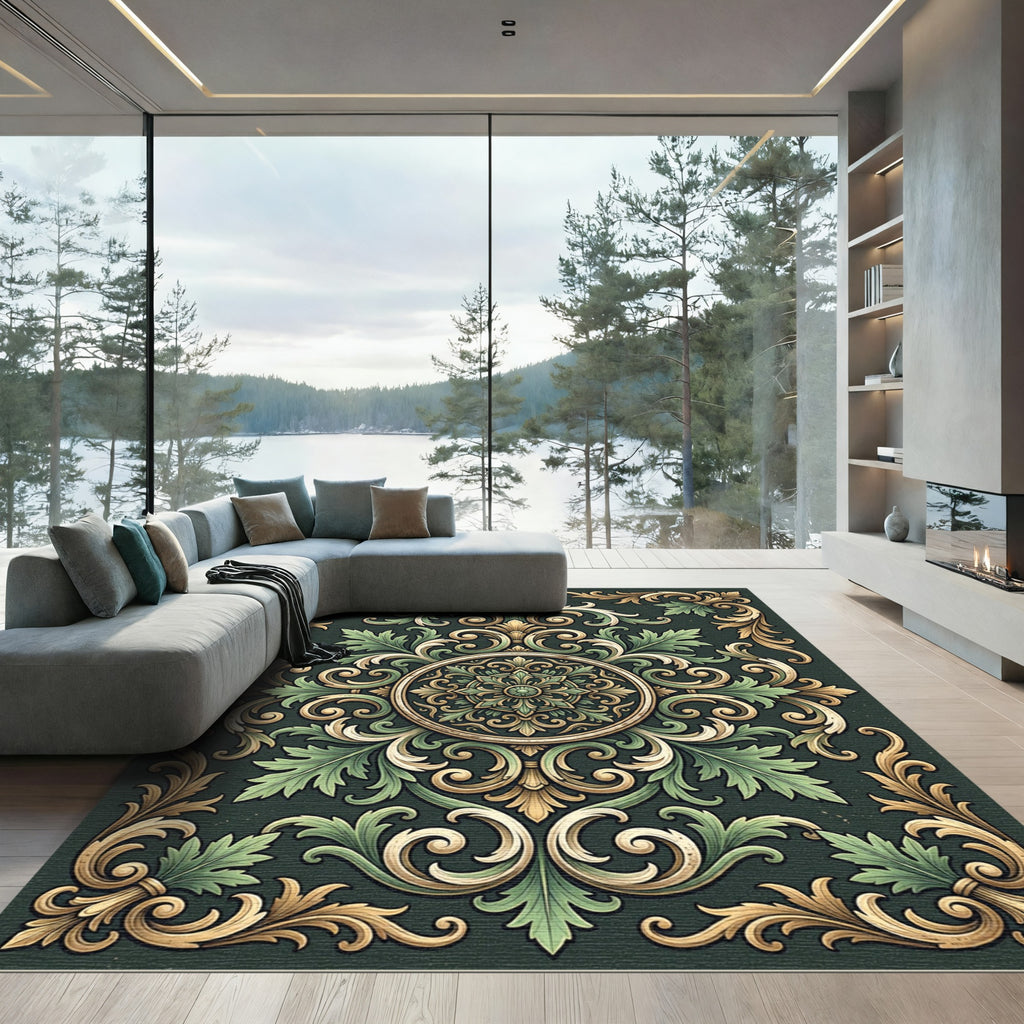 Ornate Olive Green Damask Medallion Rug