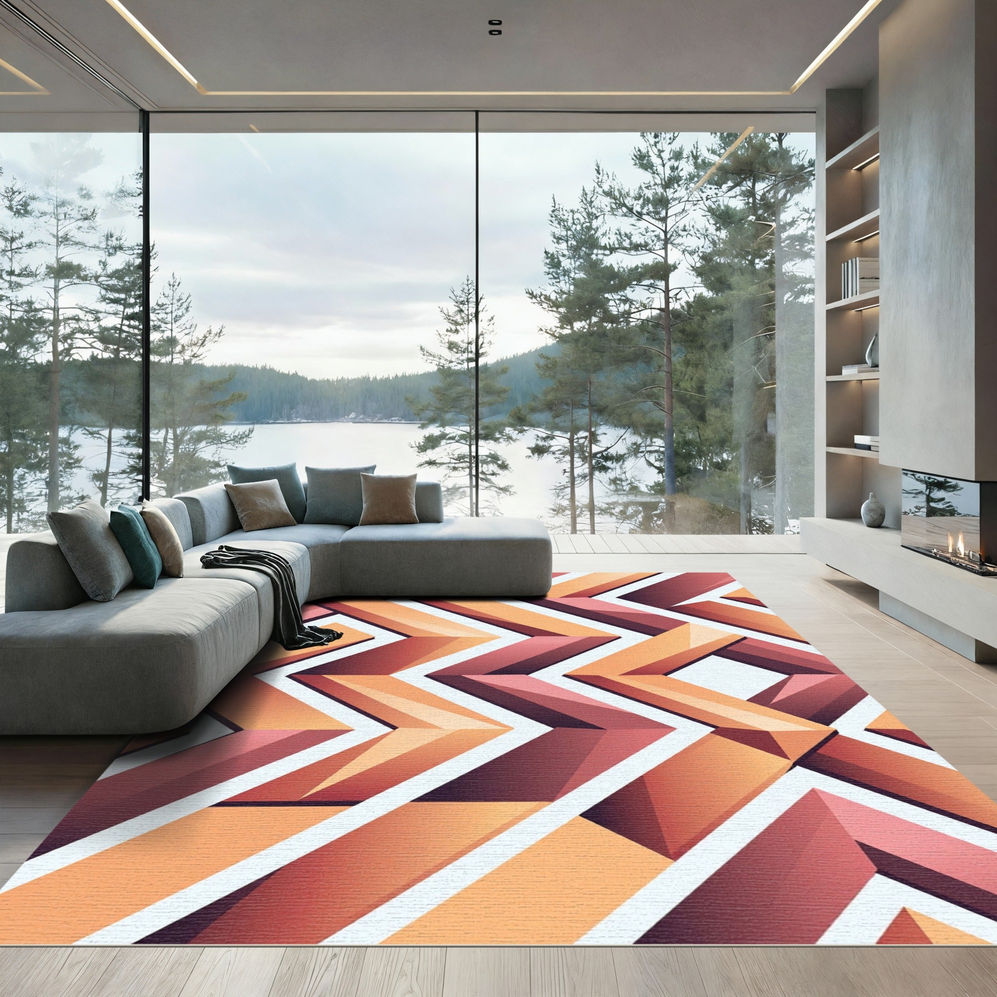 Geometric Terracotta Orange Zigzag Chevron Rug