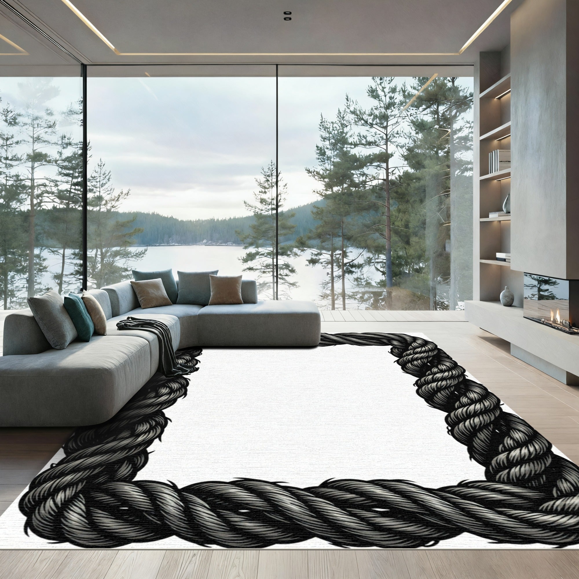 Rustic Gray Twisted Rope Border Rug