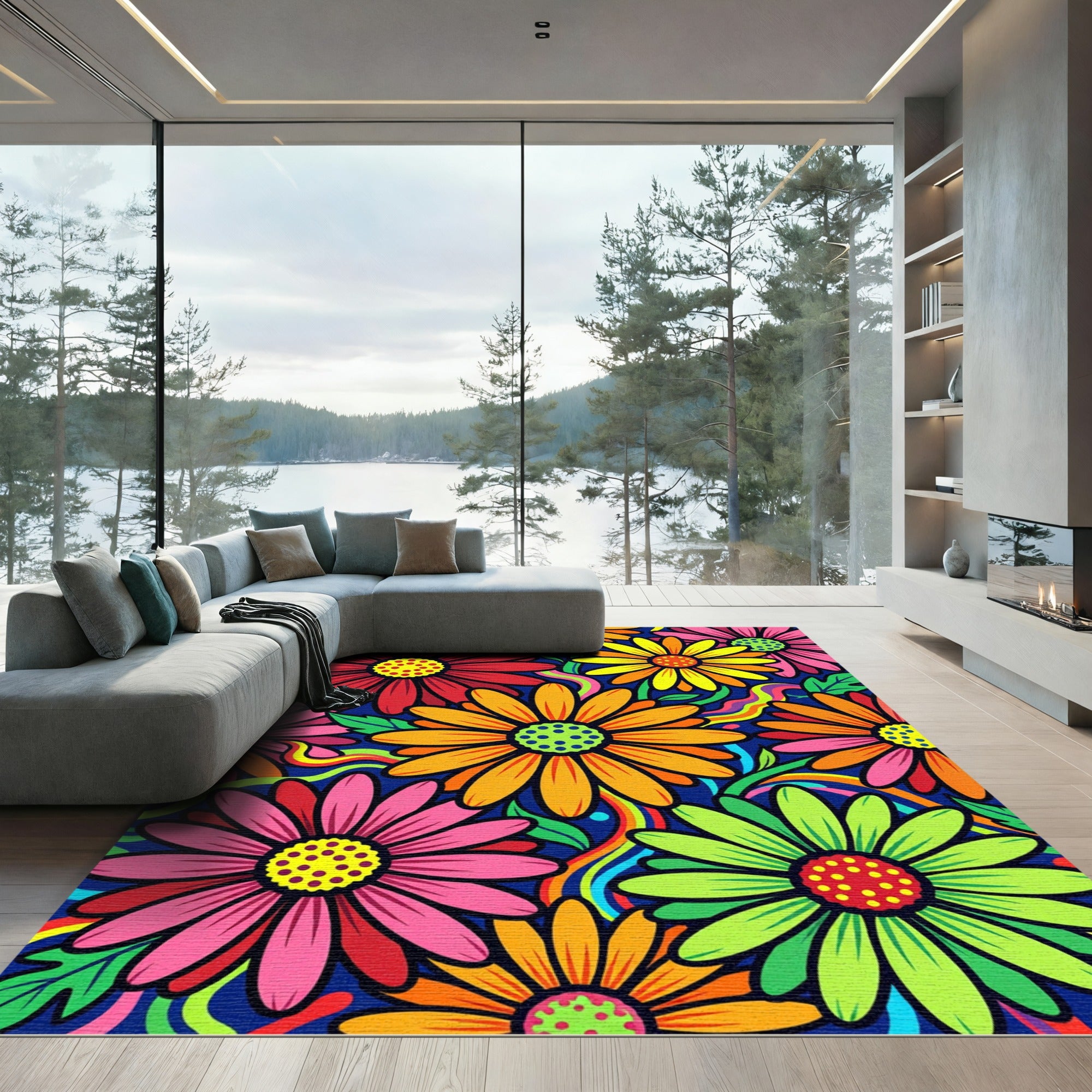 Vibrant Retro Psychedelic Floral Burst Rug