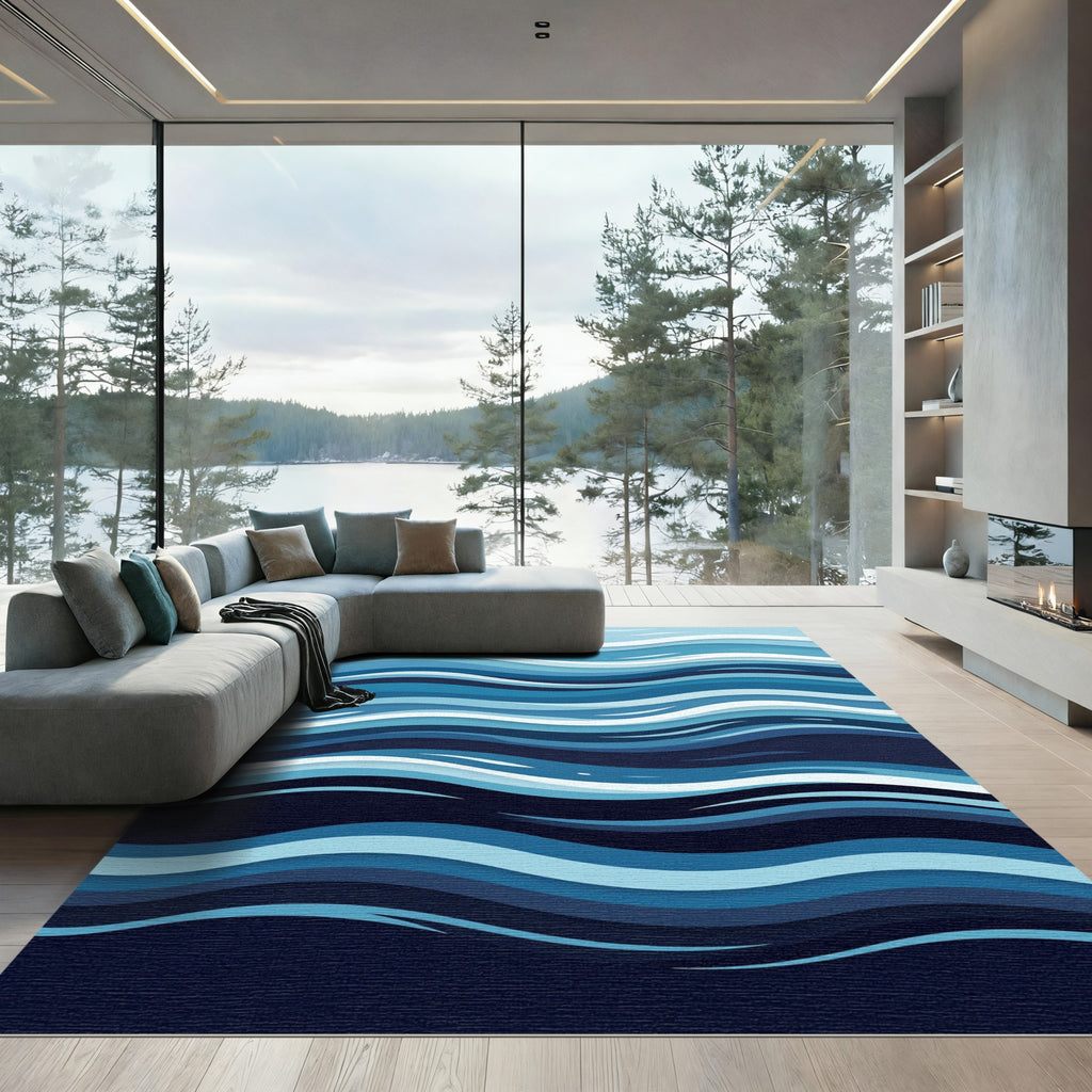 Abstract Indigo Ocean Wave Layers Rug