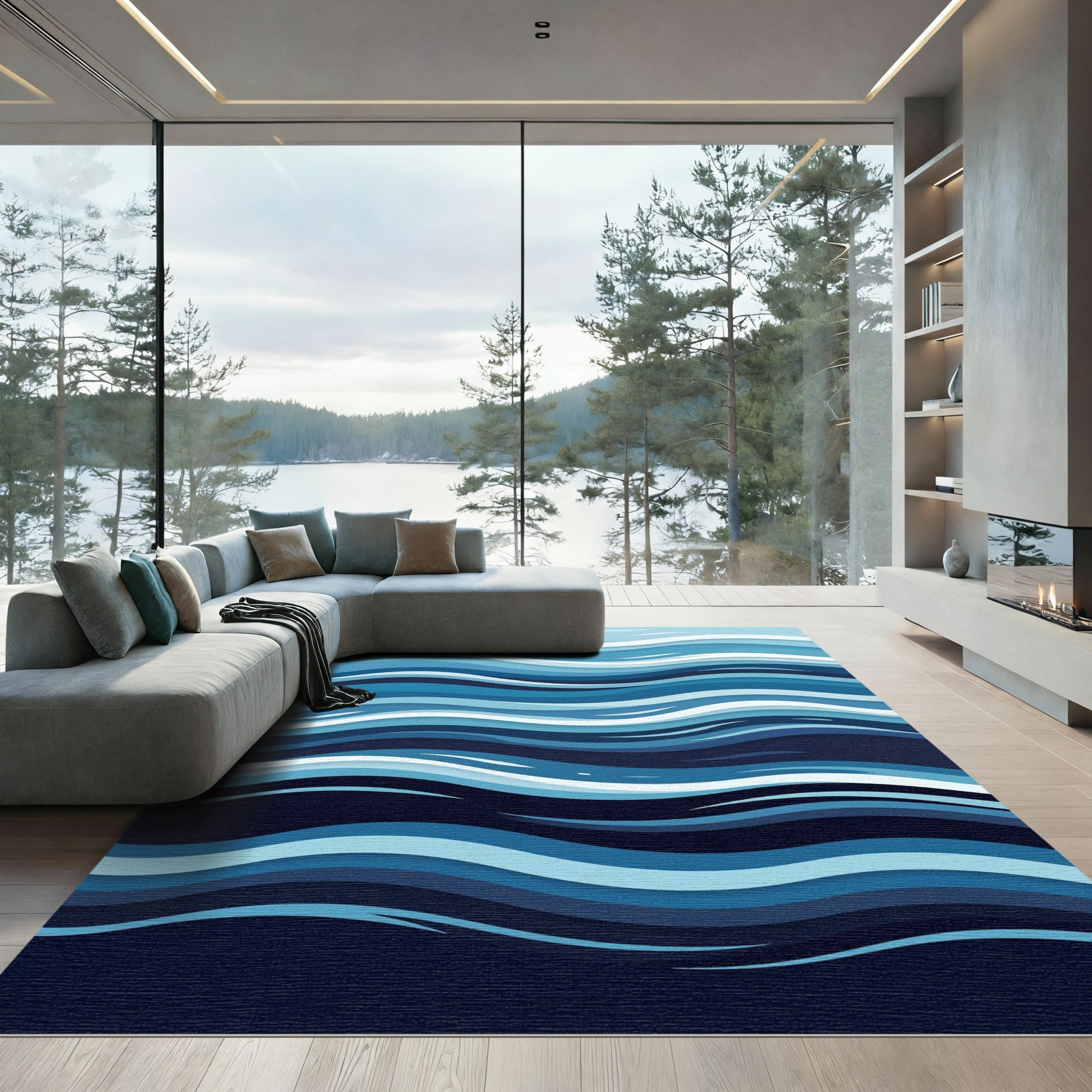 Abstract Indigo Ocean Wave Layers Rug