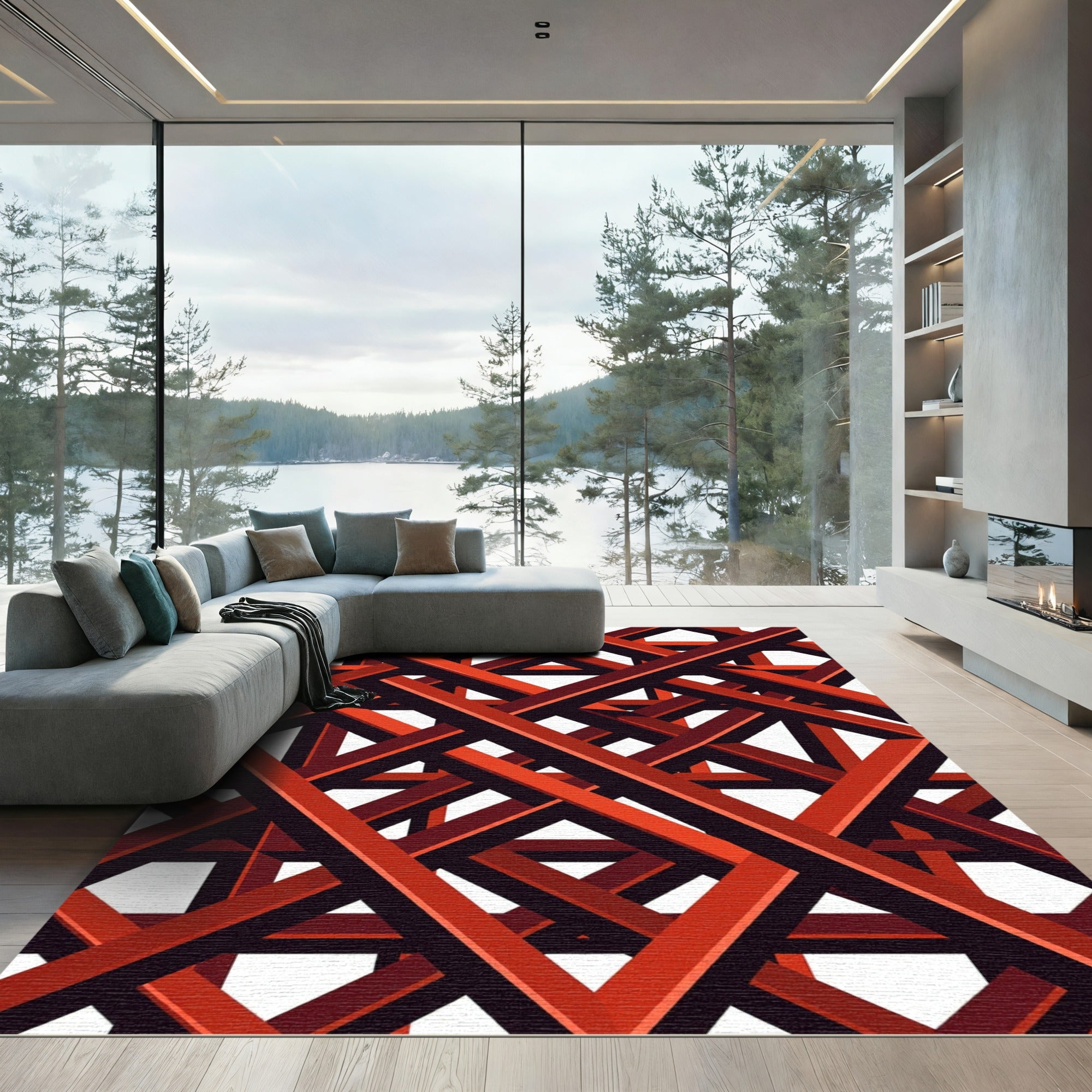 Bold Geometric Crimson Intersecting Lines Rug