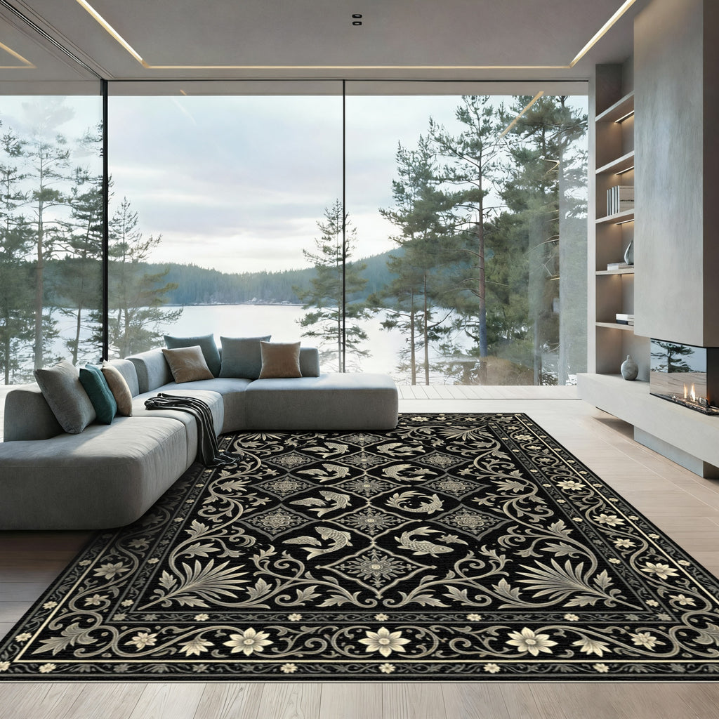 Black Golden Fish Floral Scrollwork Rug