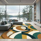 Mid-Century Teal and Ochre Crescent Arcs Rug