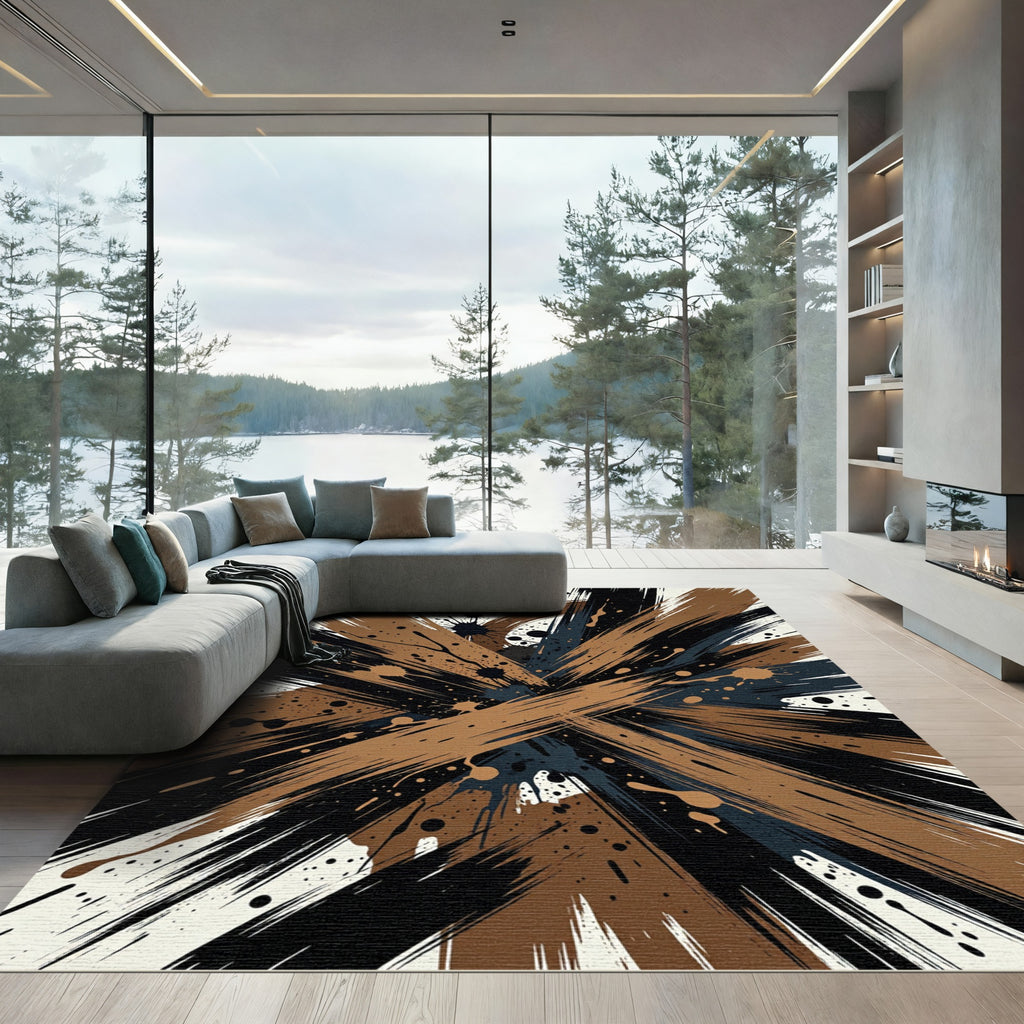 Abstract Brushstroke Ink Splatter Earthy Rug