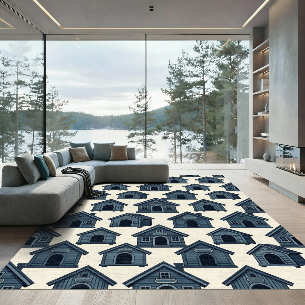 Dark Blue Whimsical Cabin Cottage Wallpaper Rug