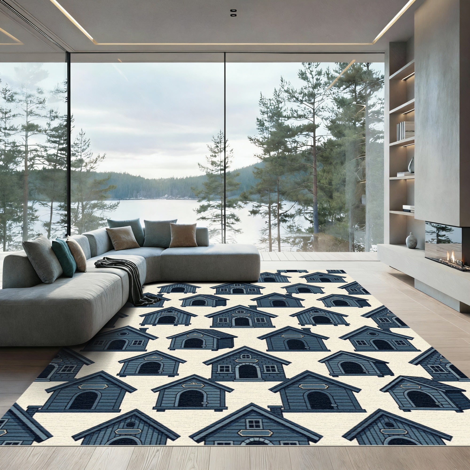 Dark Blue Whimsical Cabin Cottage Wallpaper Rug