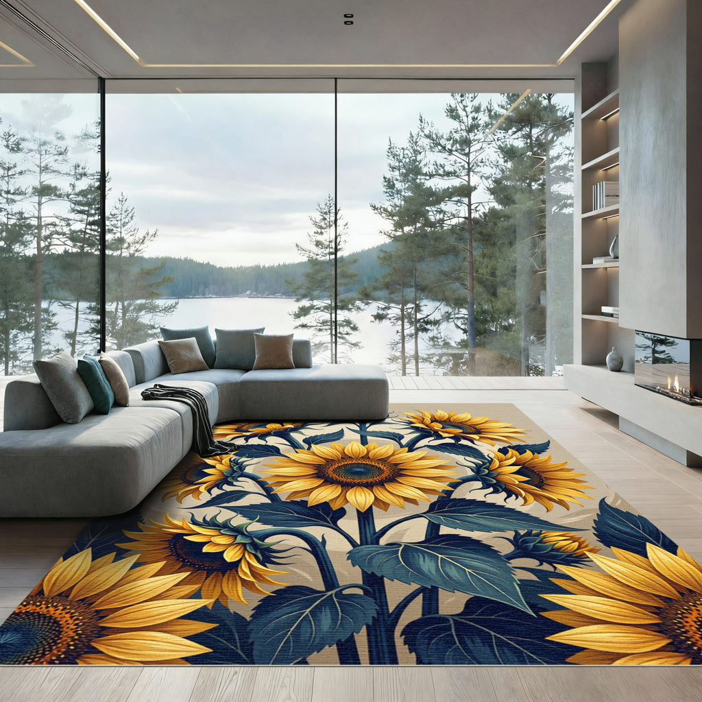 Vibrant Golden Sunflower Floral Illustration Rug