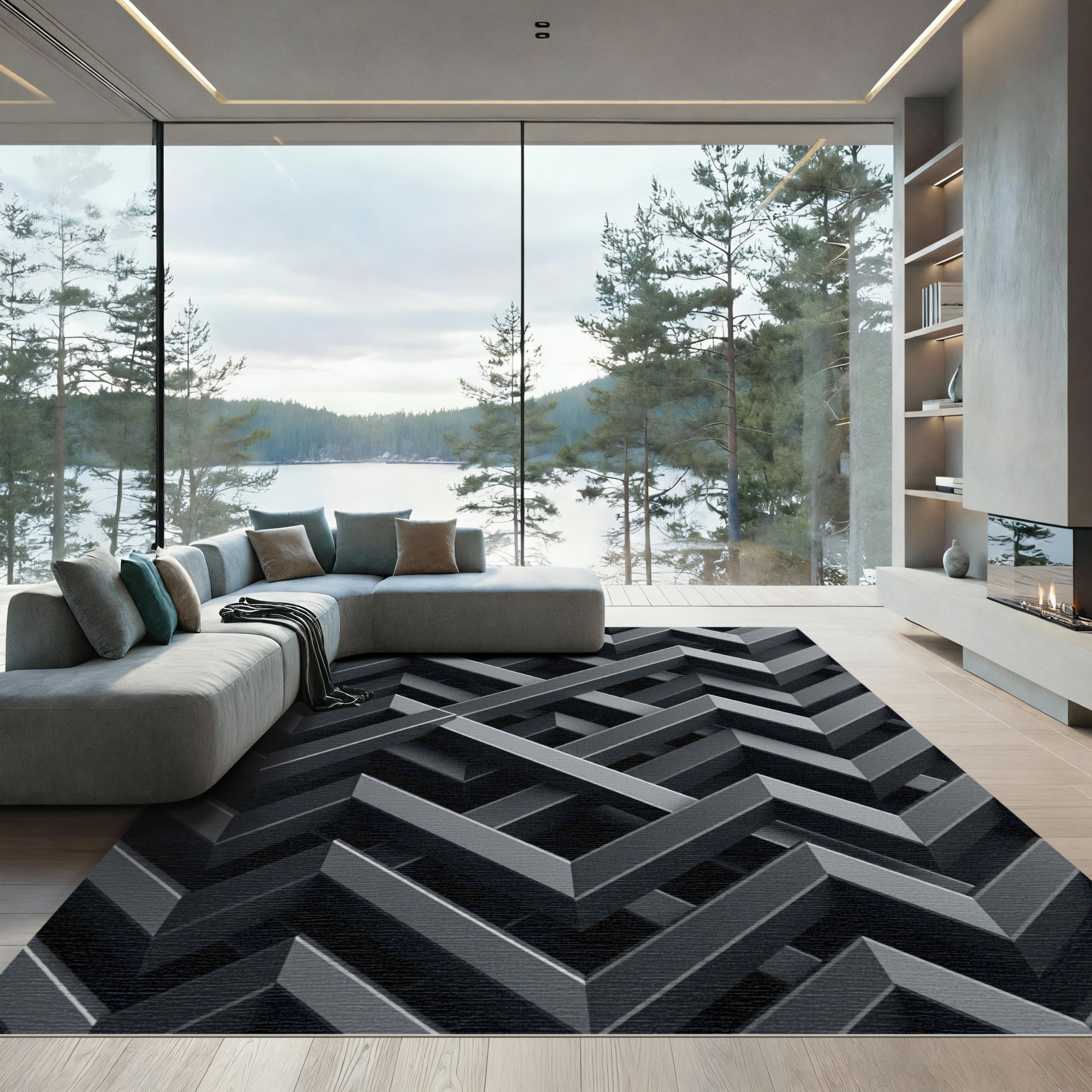 Monochromatic Geometric Interlocking Structure Rug