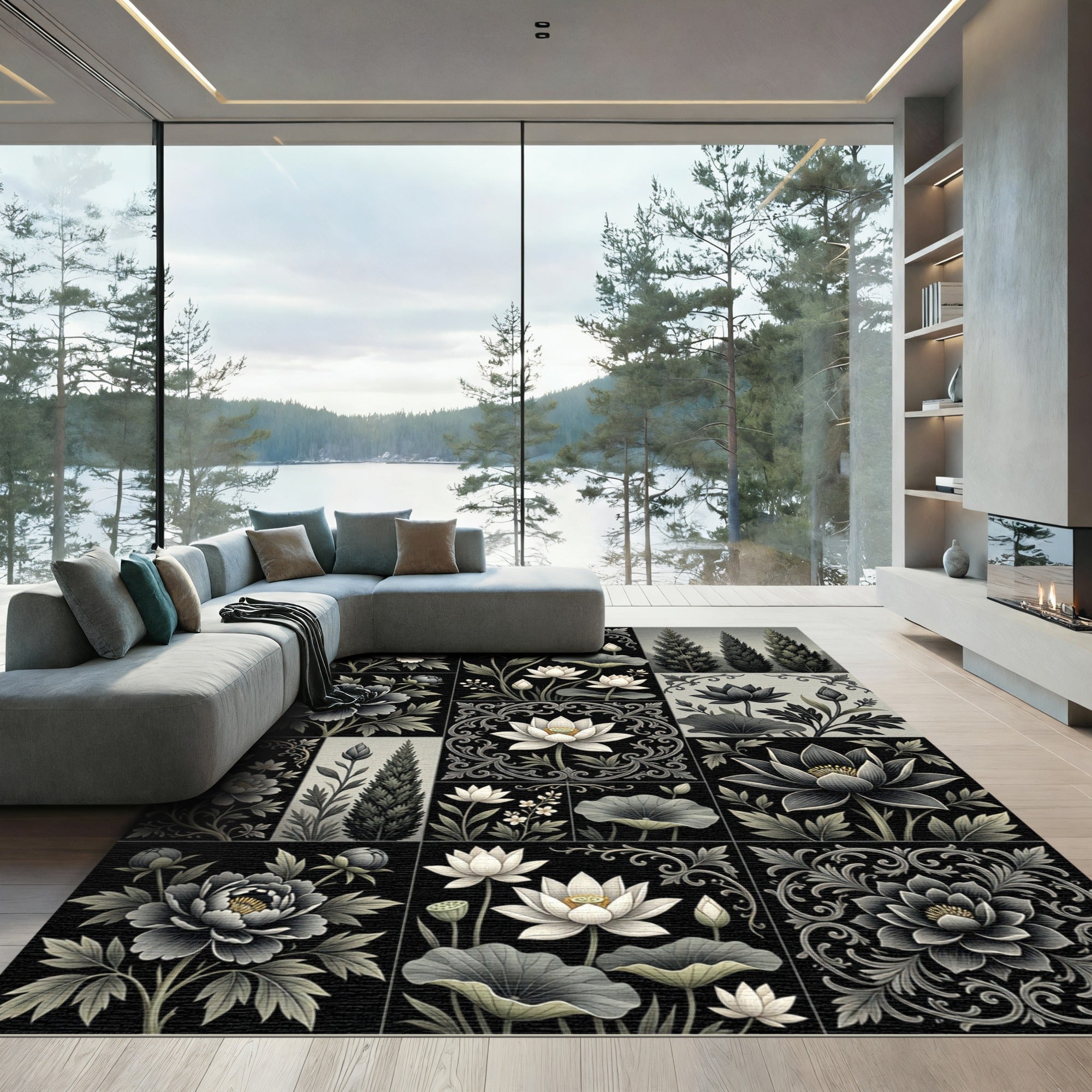 Monochromatic Floral Lotus Grove Rug