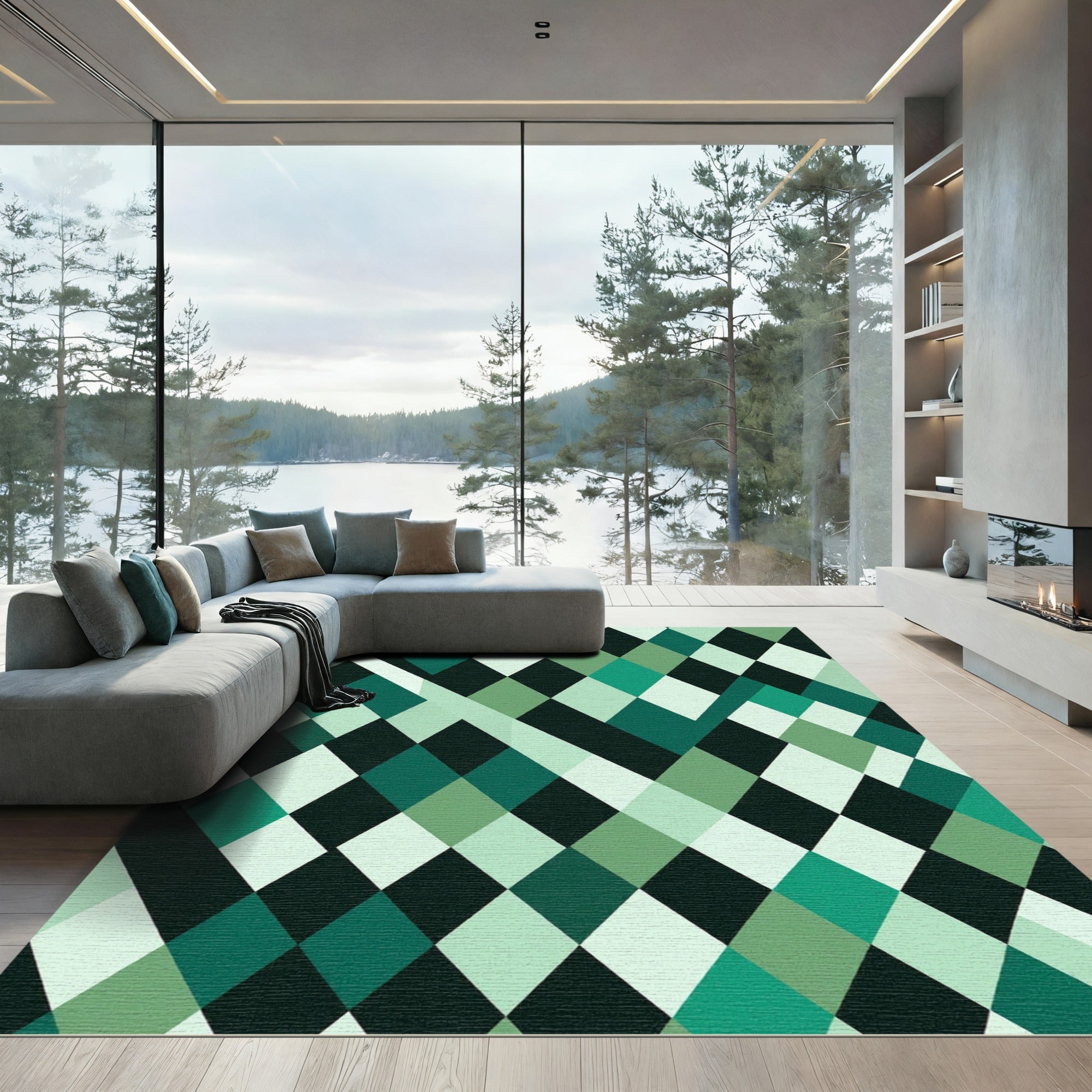 Modern Emerald Green Geometric Diamond Rug
