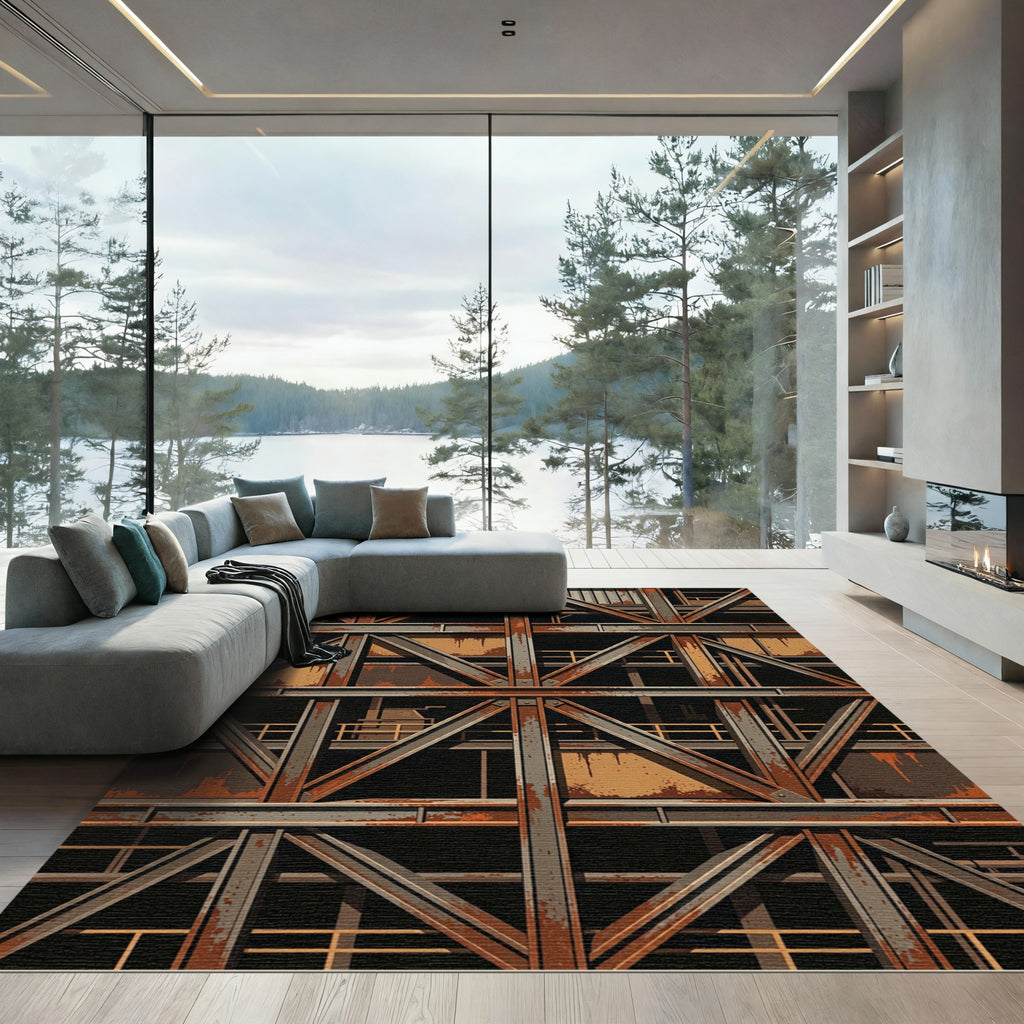 Industrial Rusty Metal Geometric Frame Rug