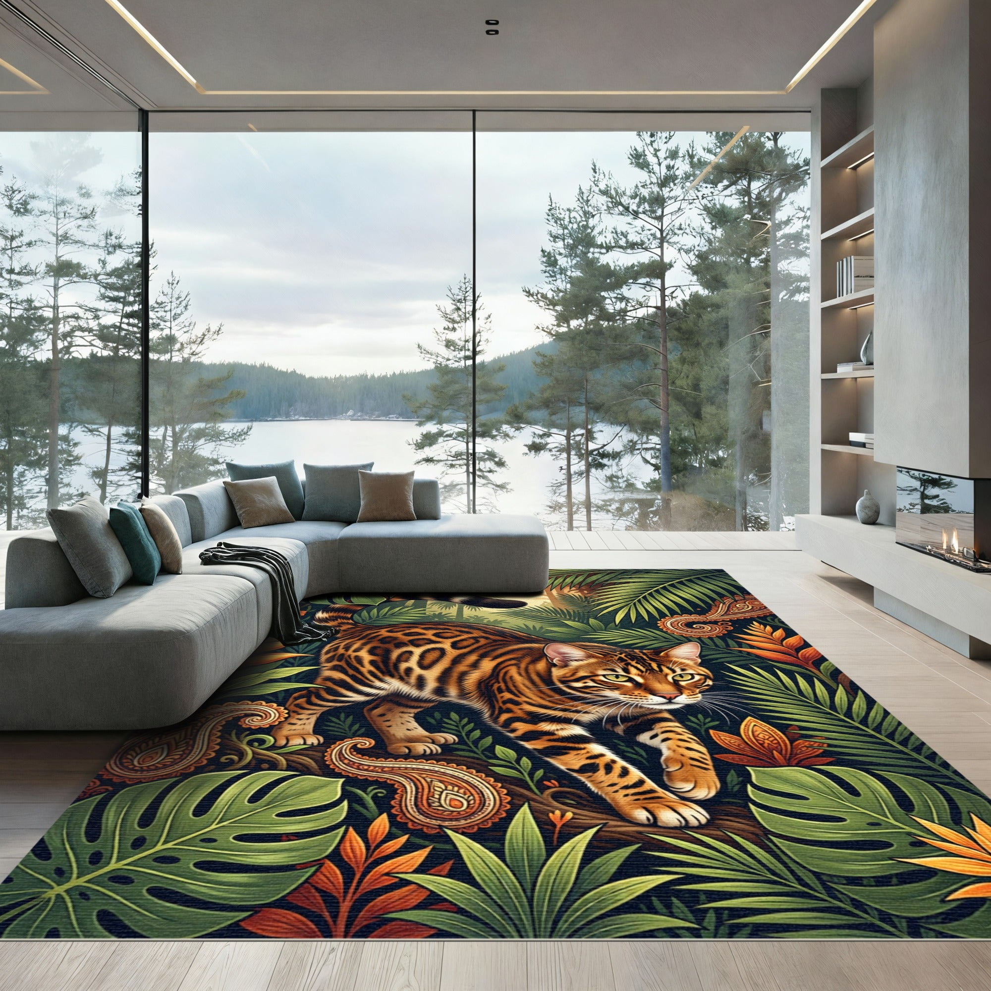 Exotic Bengal Cat Tropical Foliage Art Rug