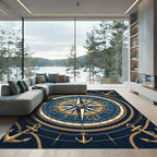 Navy Nautical Compass Gold Anchor Area Rug