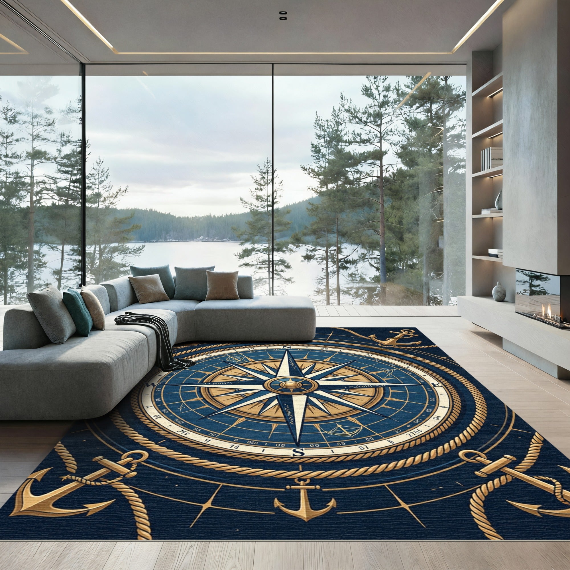 Navy Nautical Compass Gold Anchor Area Rug