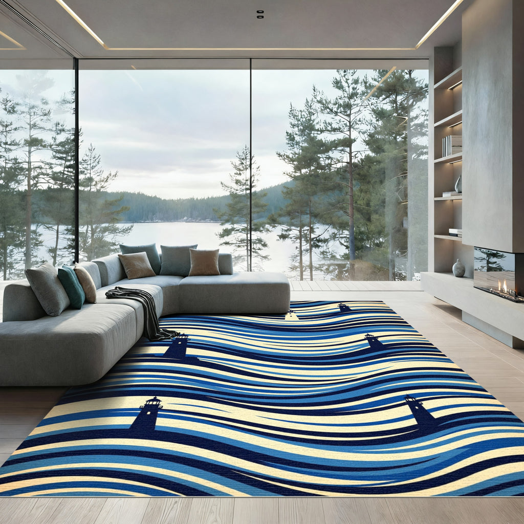 Blue Lighthouses and Fluid Wavy Ocean Rug