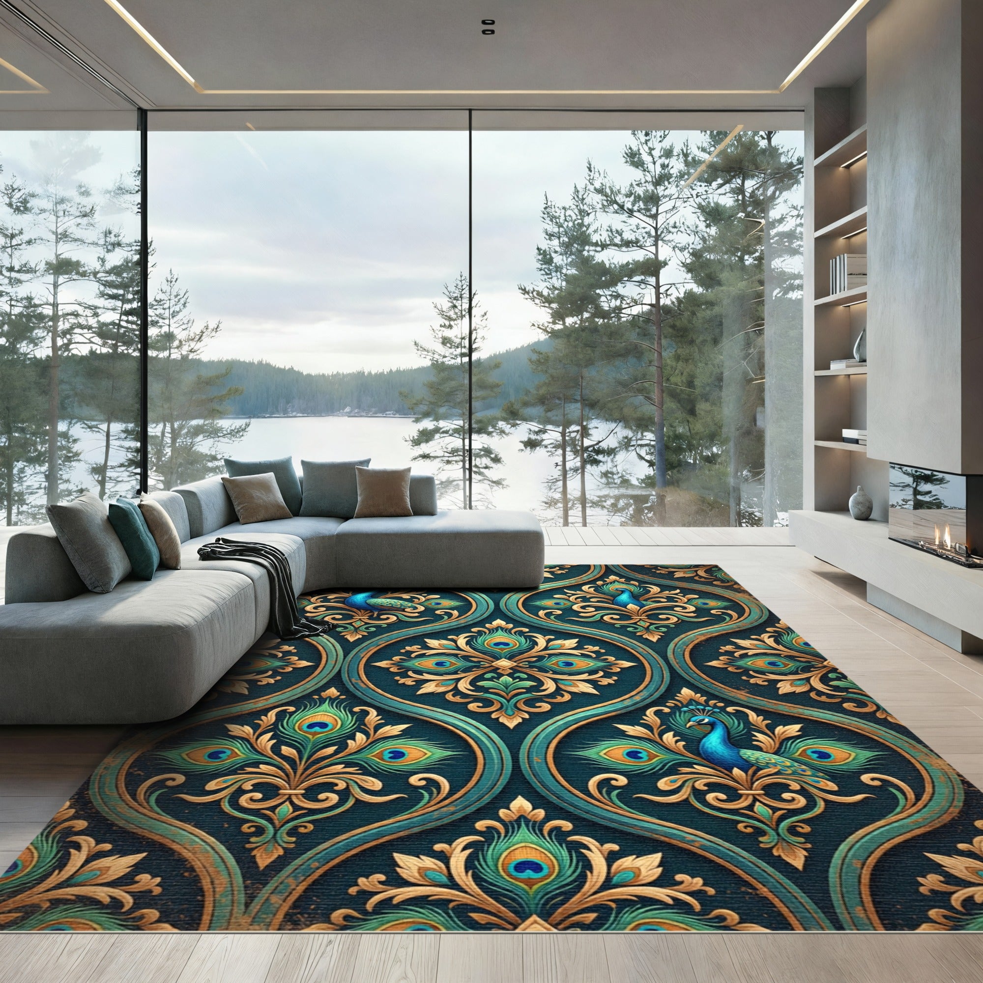 Peacock Teal Gold Ornate Floral Rug