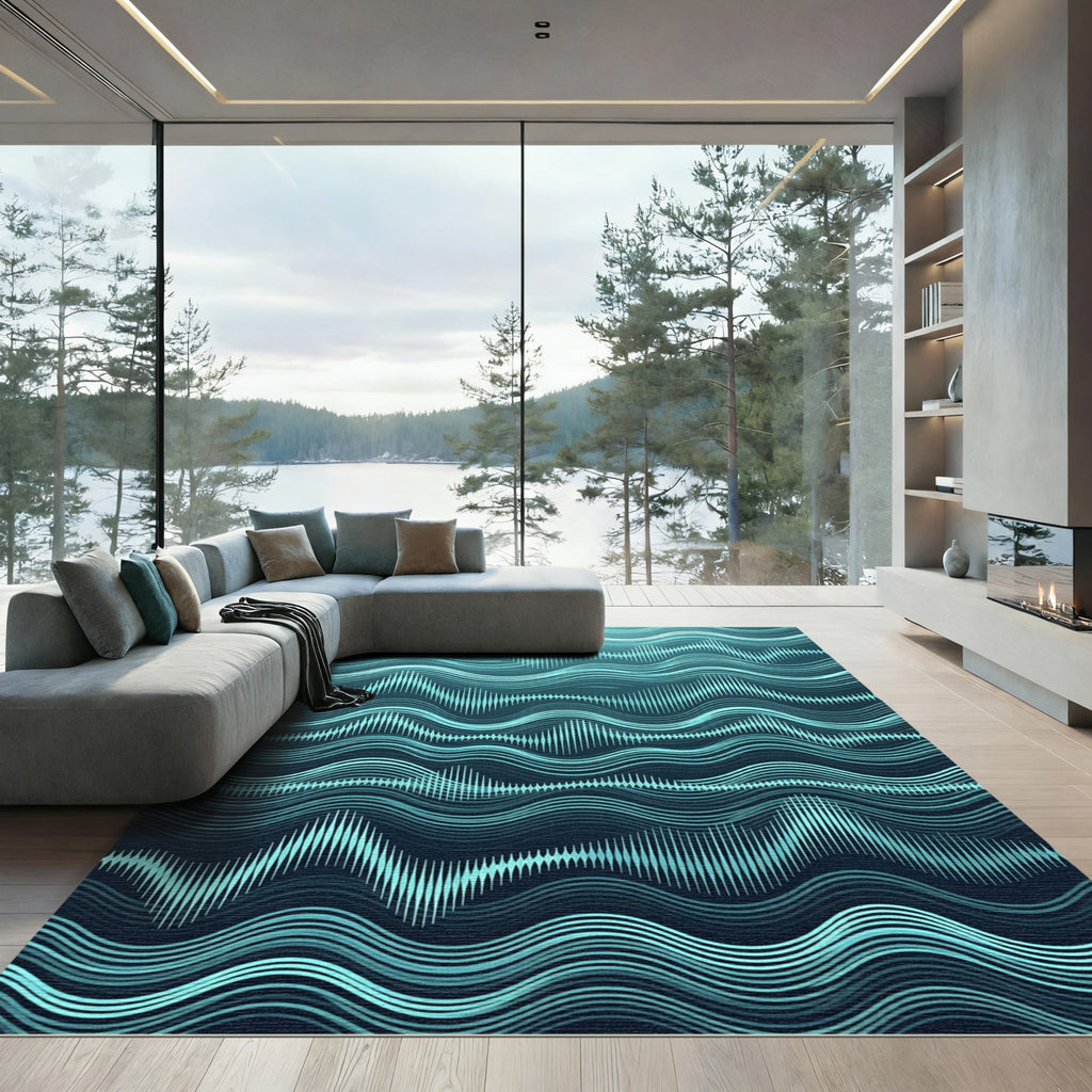 Modern Cyan Flowing Sonic Wave Rug