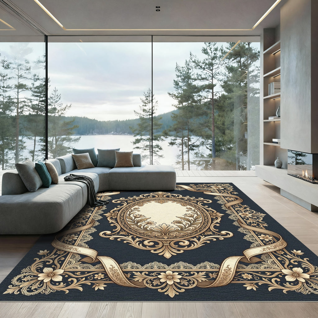 Ornate Floral Medallion Gold Lace Rug