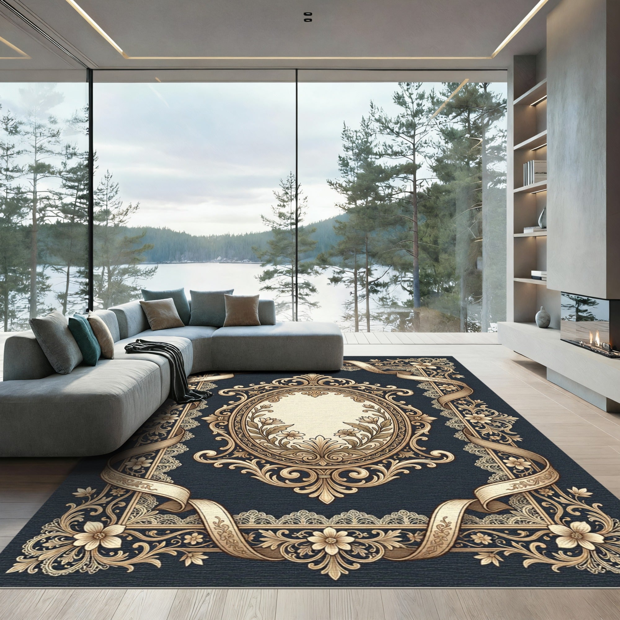 Ornate Floral Medallion Gold Lace Rug