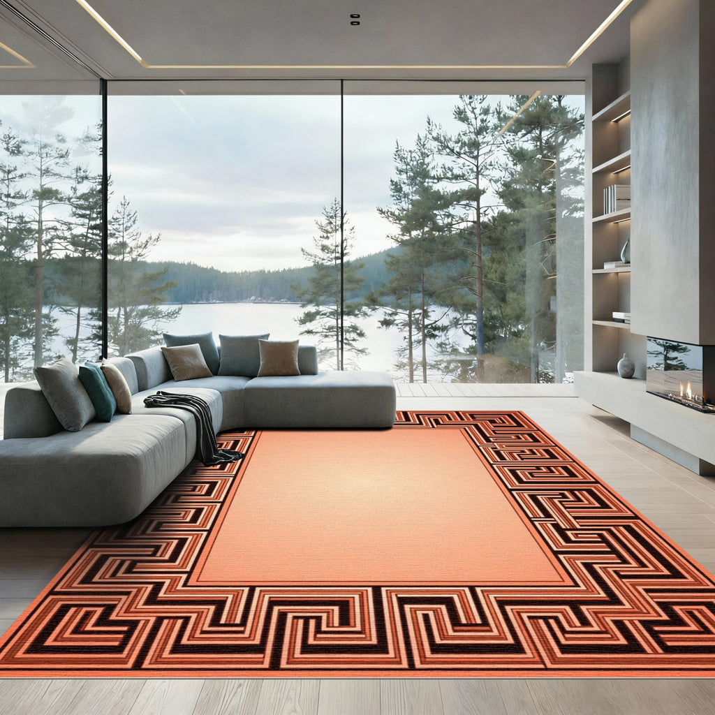 Coral And Black Geometric Frame Rug