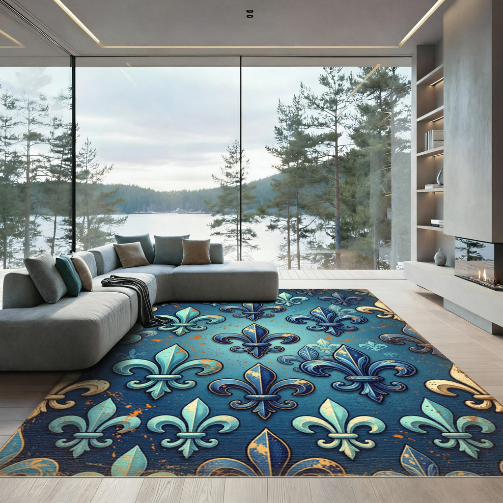 Blue Gold Fleur De Lis Repeating Pattern Rug
