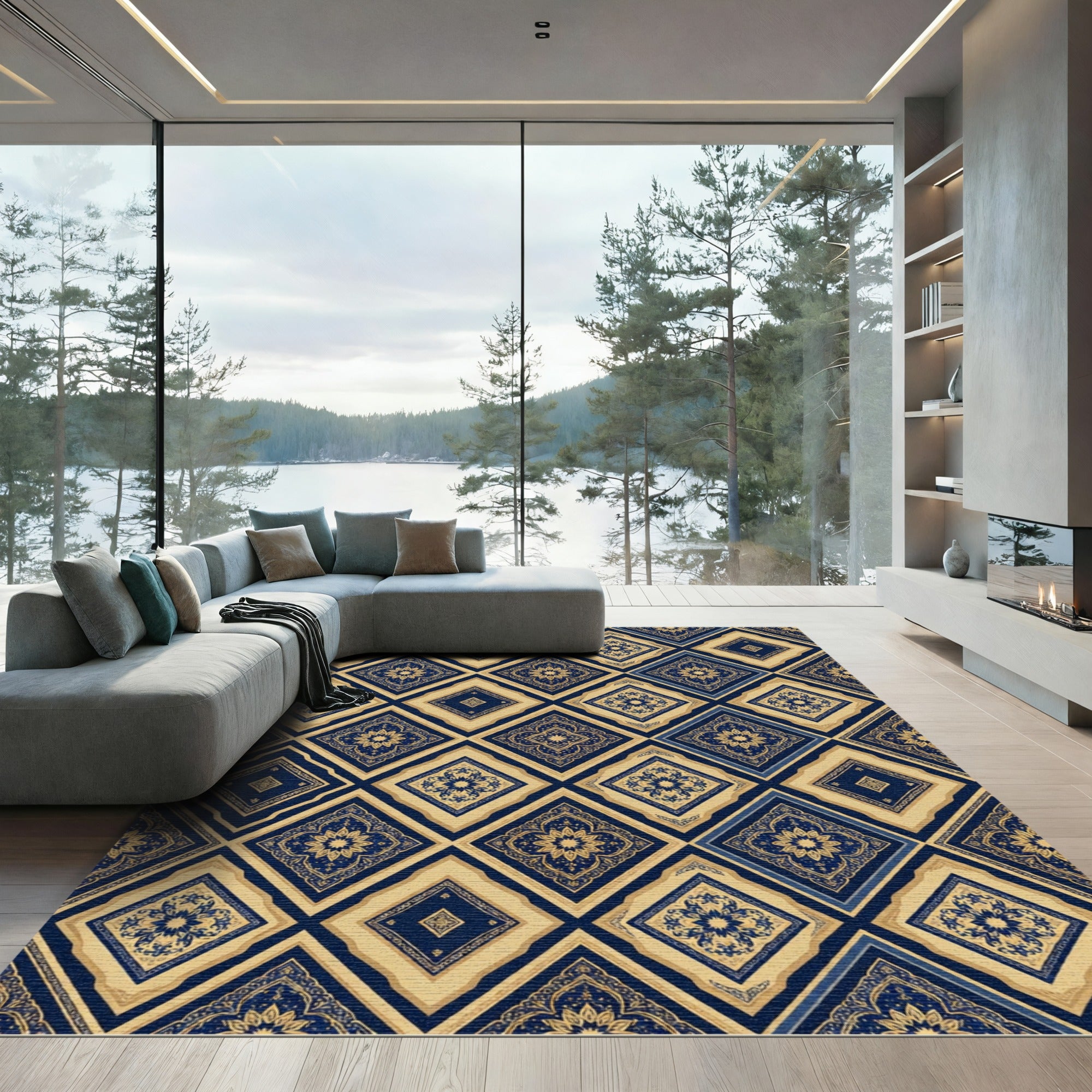 Navy Blue Gold Geometric Diamond Tile Rug