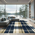 Modern Navy and Beige Plaid Rug