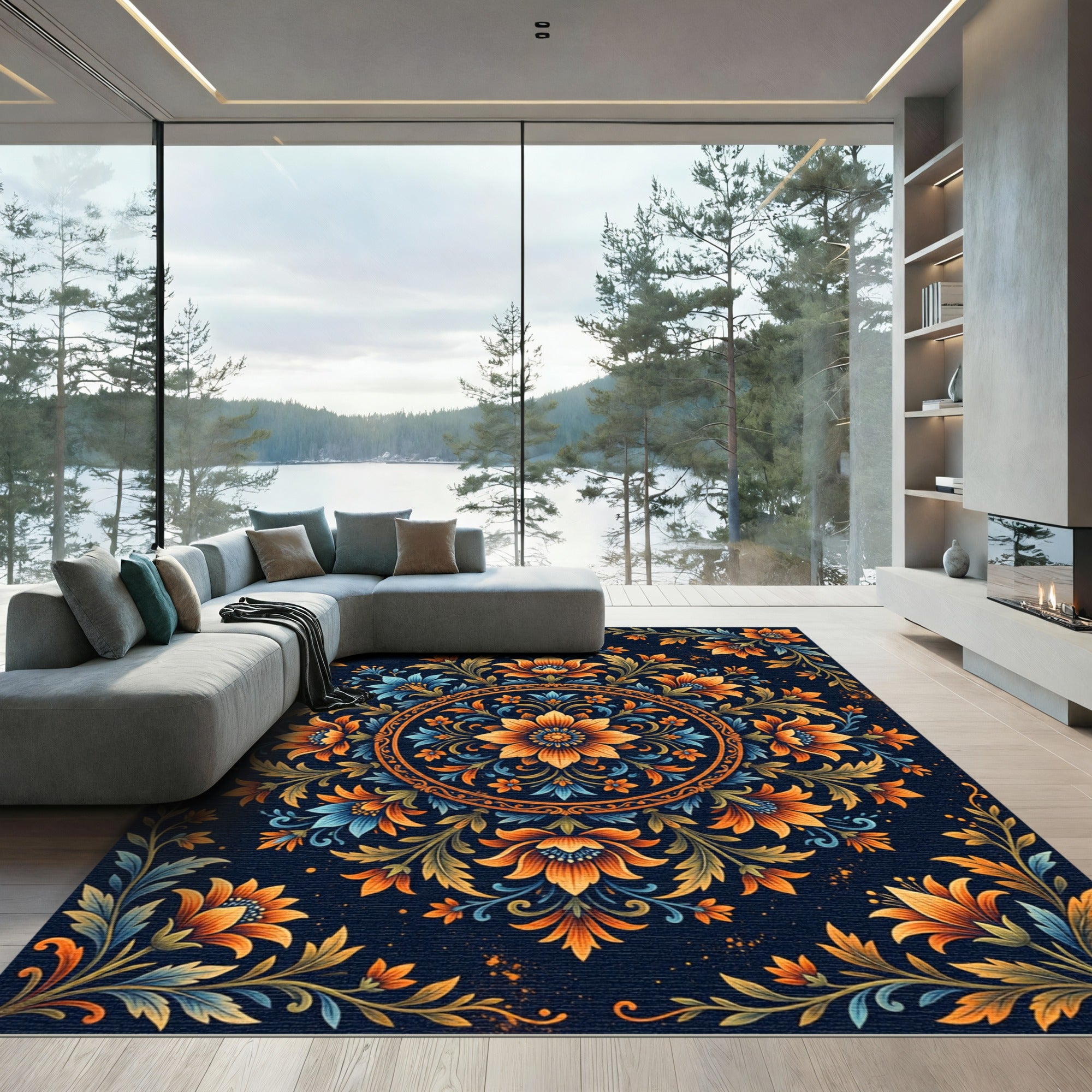 Floral Medallion Teal and Amber Gold Rug