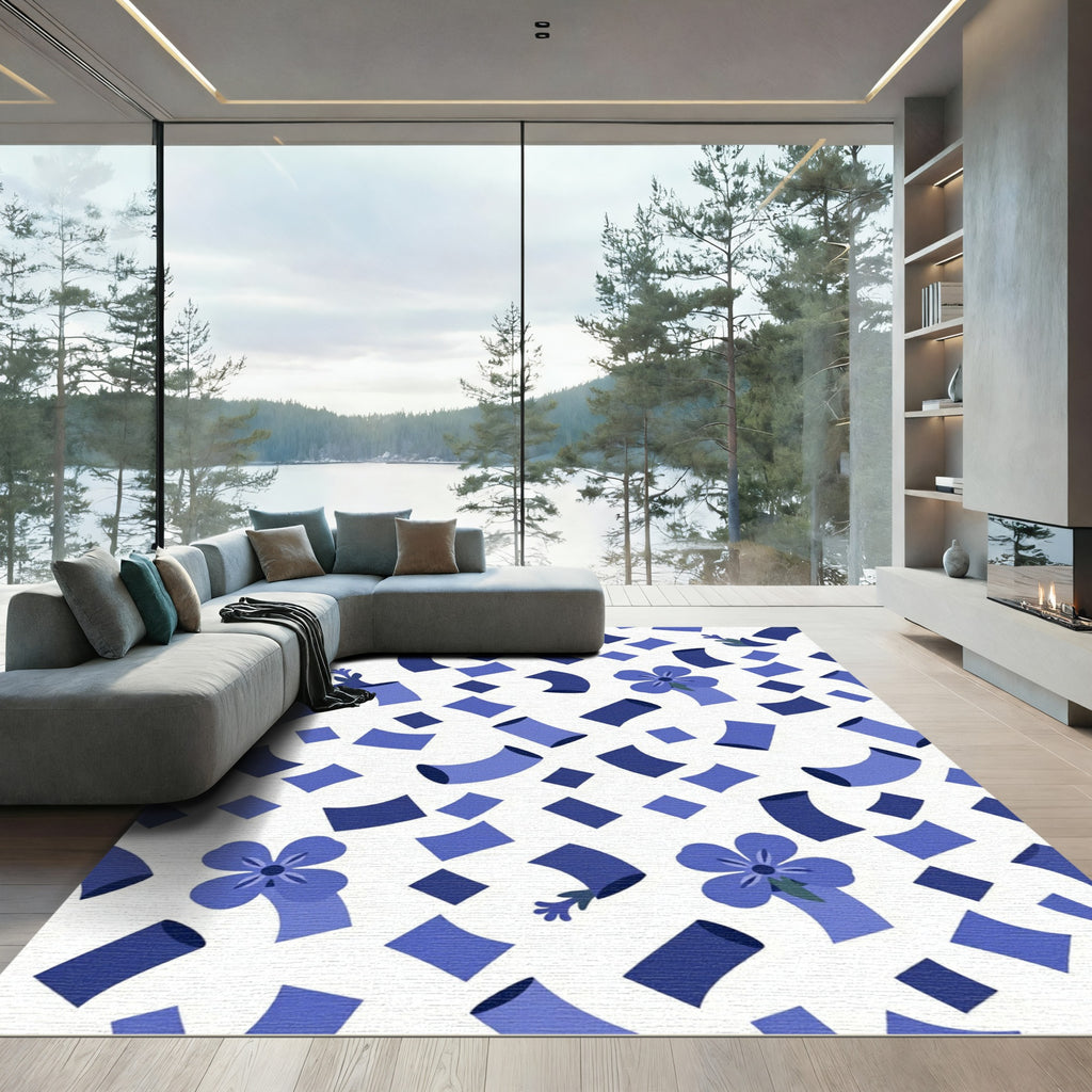 Whimsical Blue Floral Scattered Squares Rug