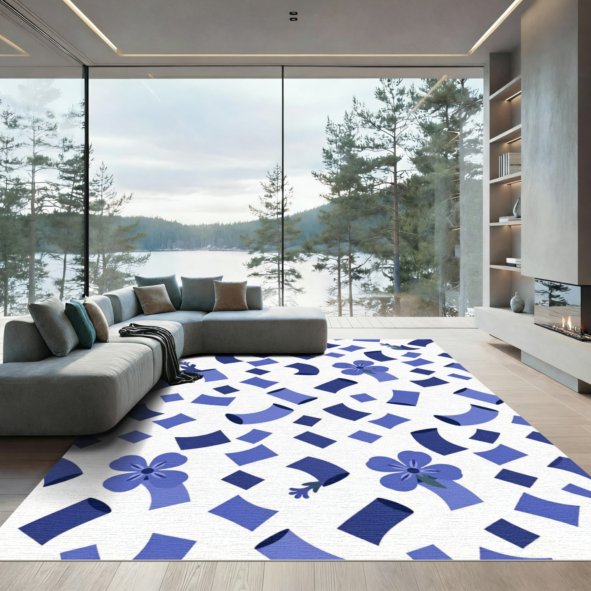 Whimsical Blue Floral Scattered Squares Rug