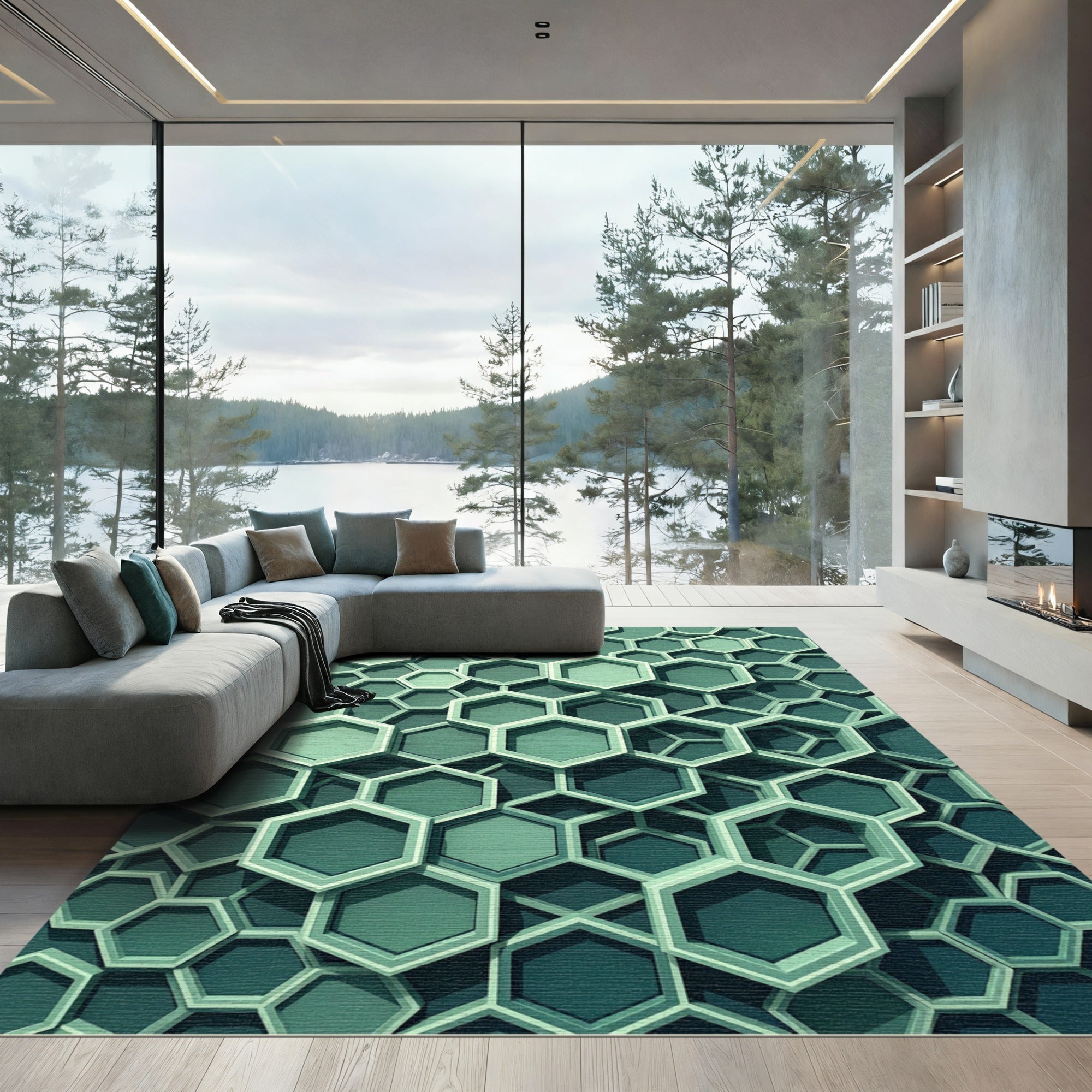 Modern Emerald Green Geometric Hexagon Rug