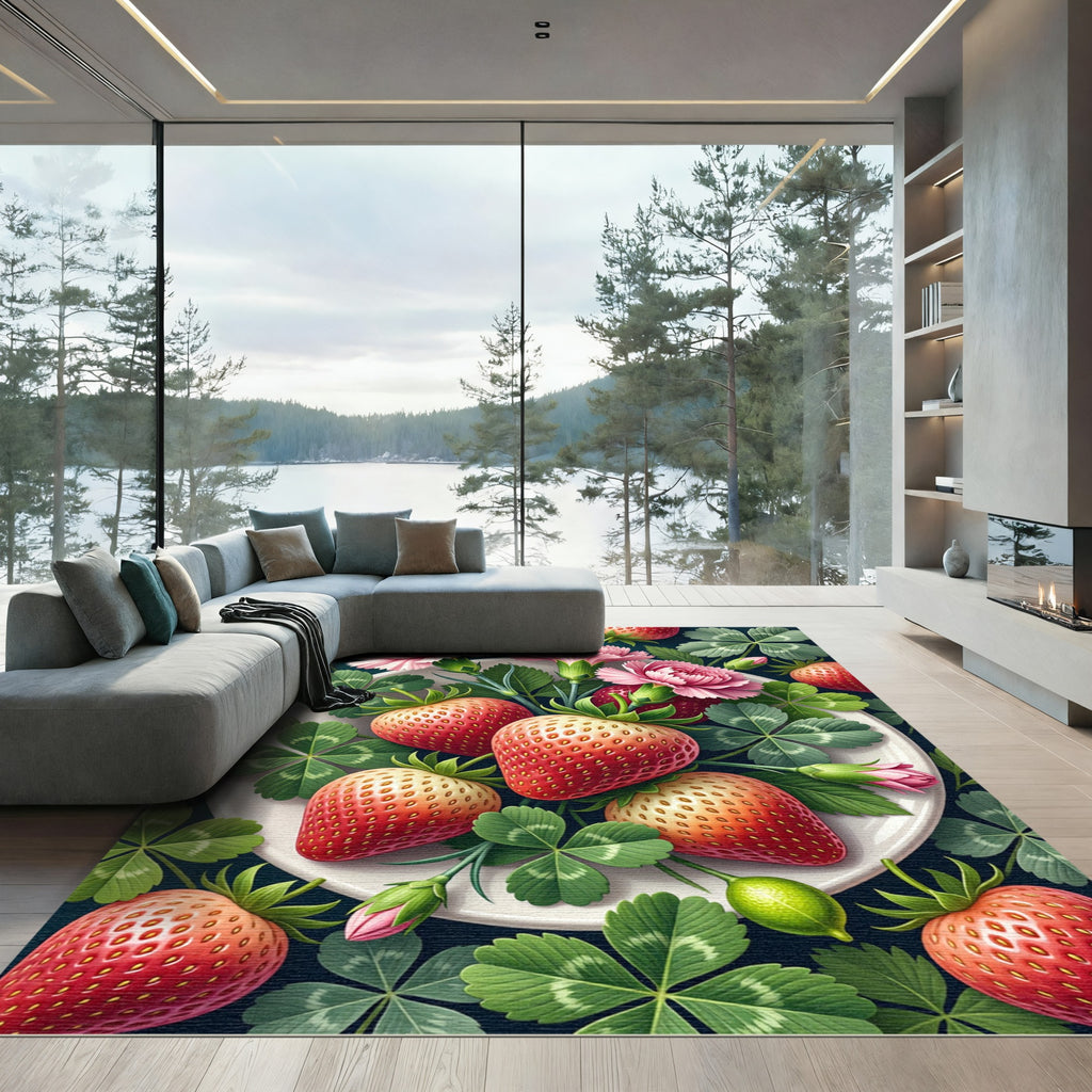 Blossoming Pink Carnation Strawberry Botanical Arrangement Rug