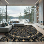 Sophisticated Charcoal Gold Floral Mandala Rug
