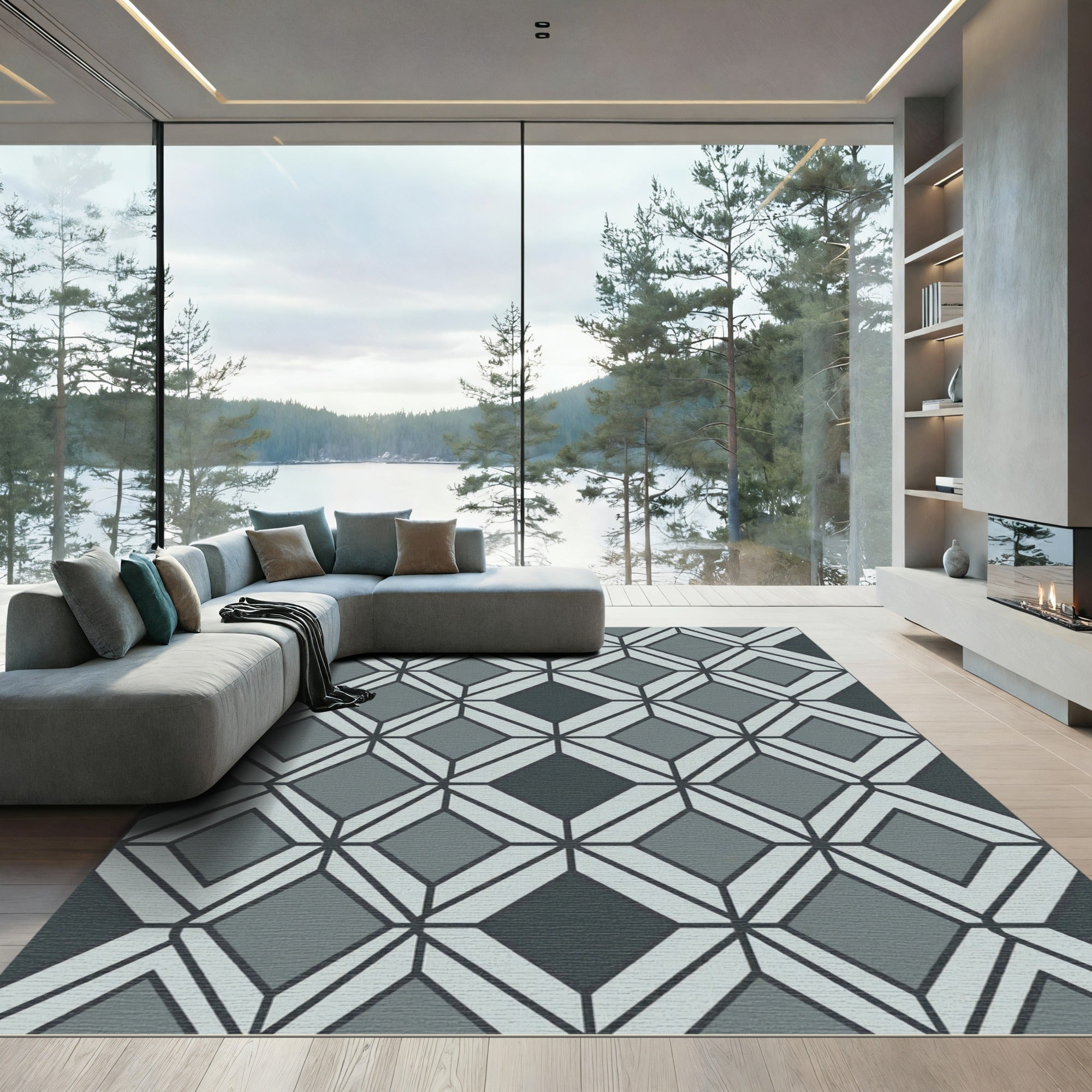 Contemporary Charcoal Slate Geometric Diamond Rug