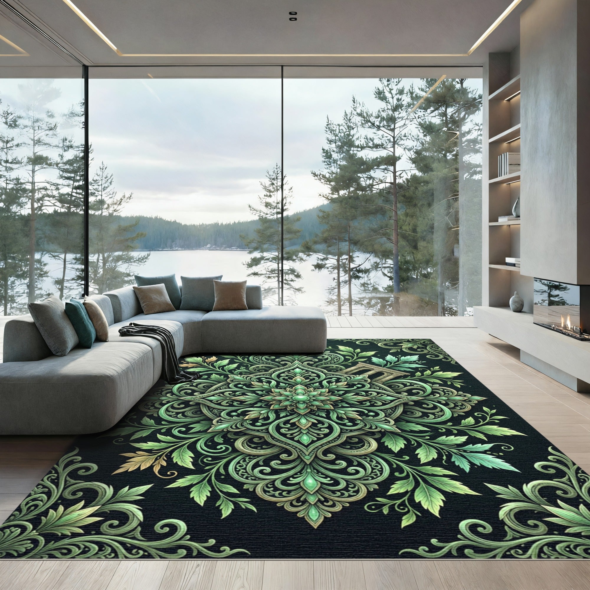 Elegant Emerald Leafy Foliage Medallion Rug