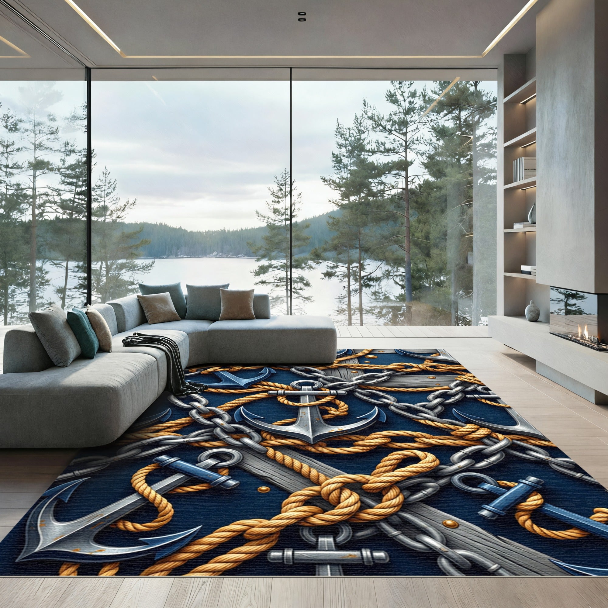 Nautical Navy Anchor Chain Rope Rug
