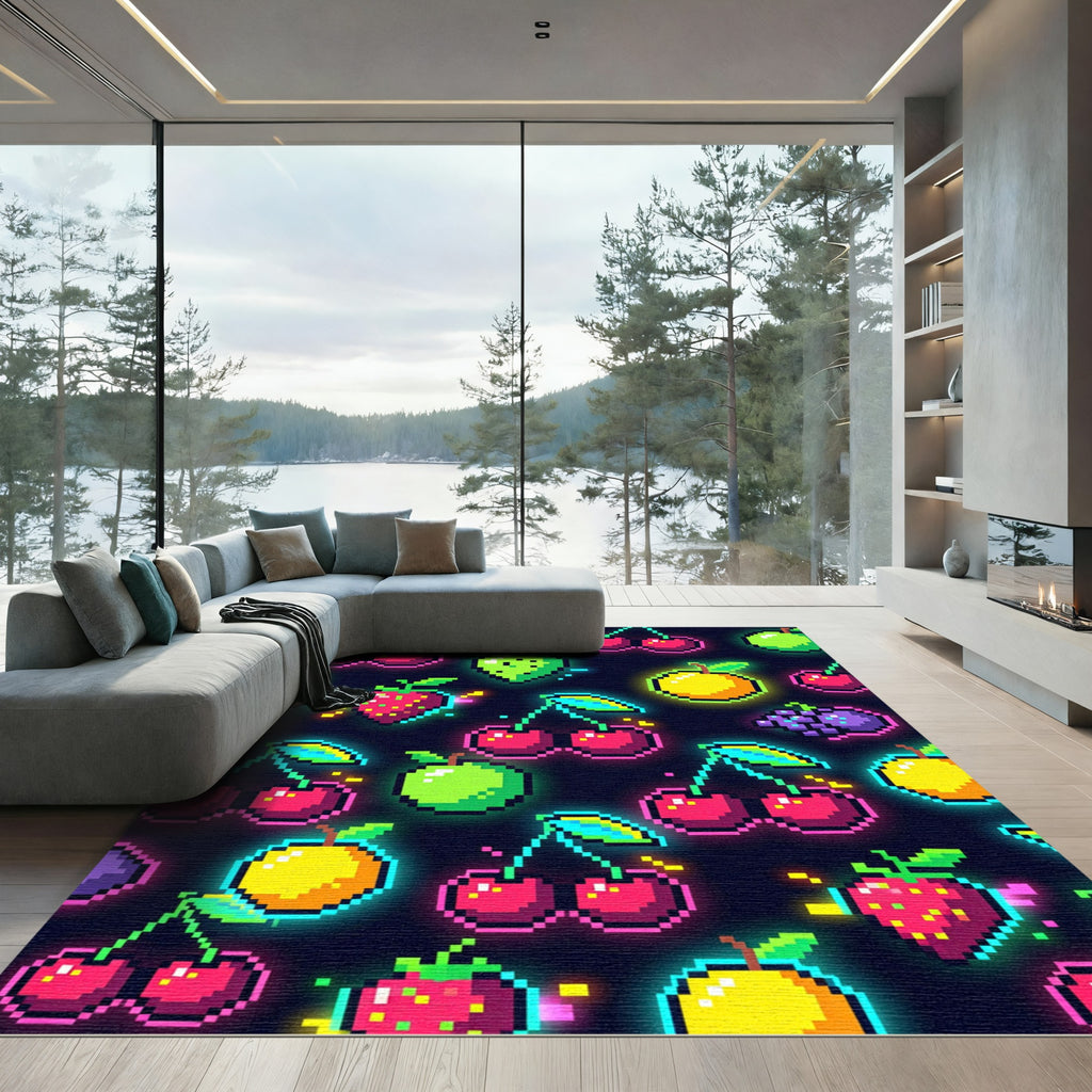 Neon Pixelated Fruit Retro Gaming Art Rug