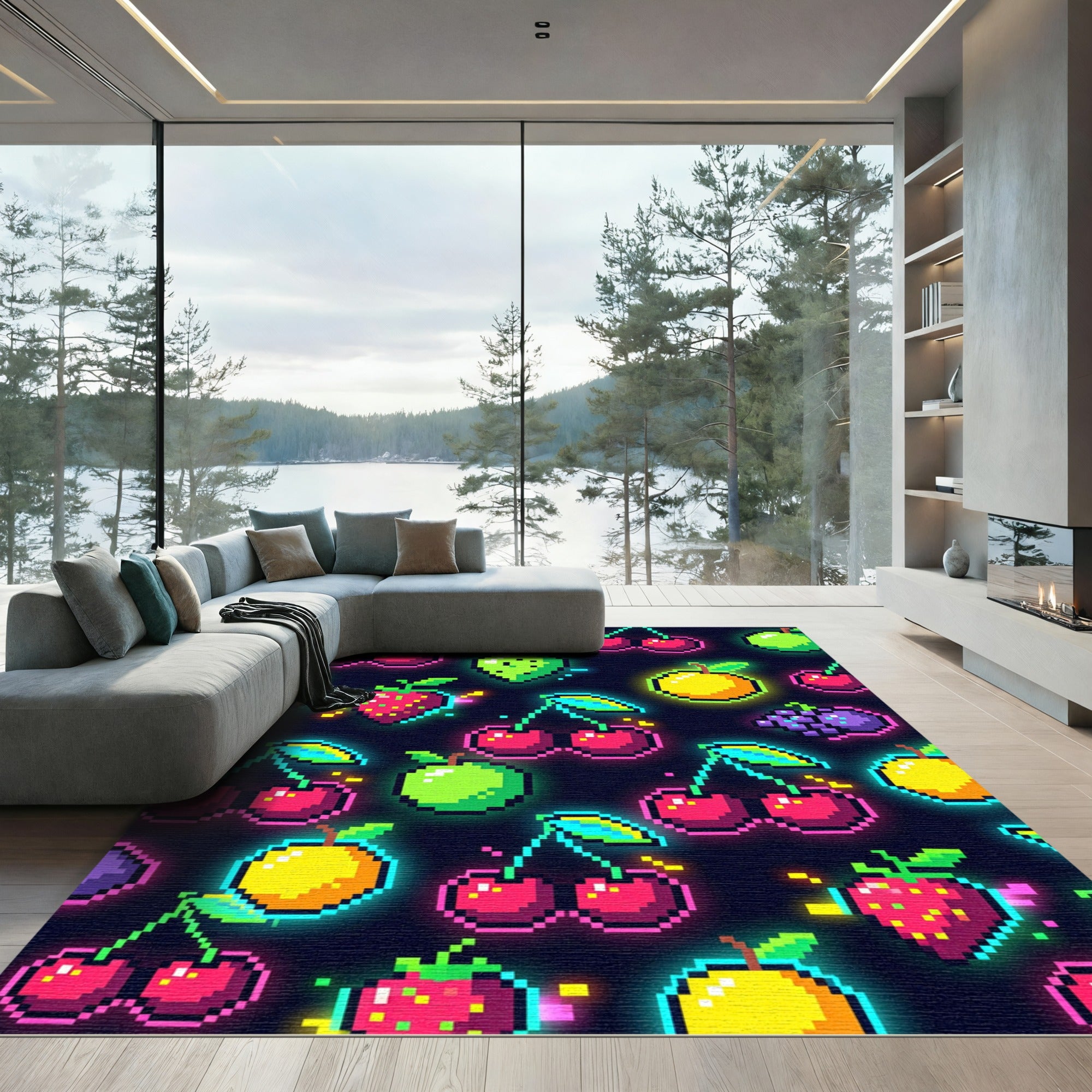 Neon Pixelated Fruit Retro Gaming Art Rug