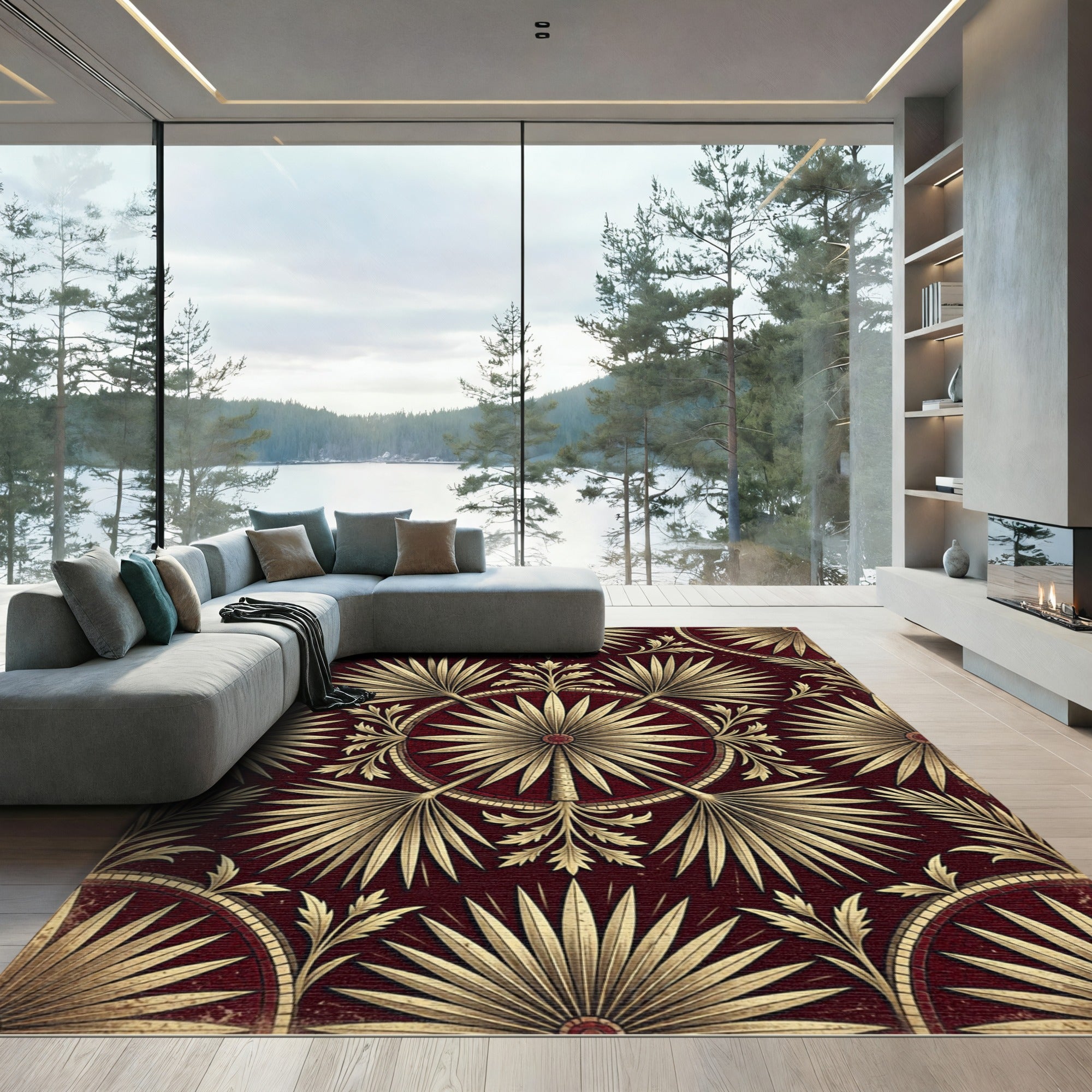 Golden Palm Fan Deep Crimson Medallion Rug