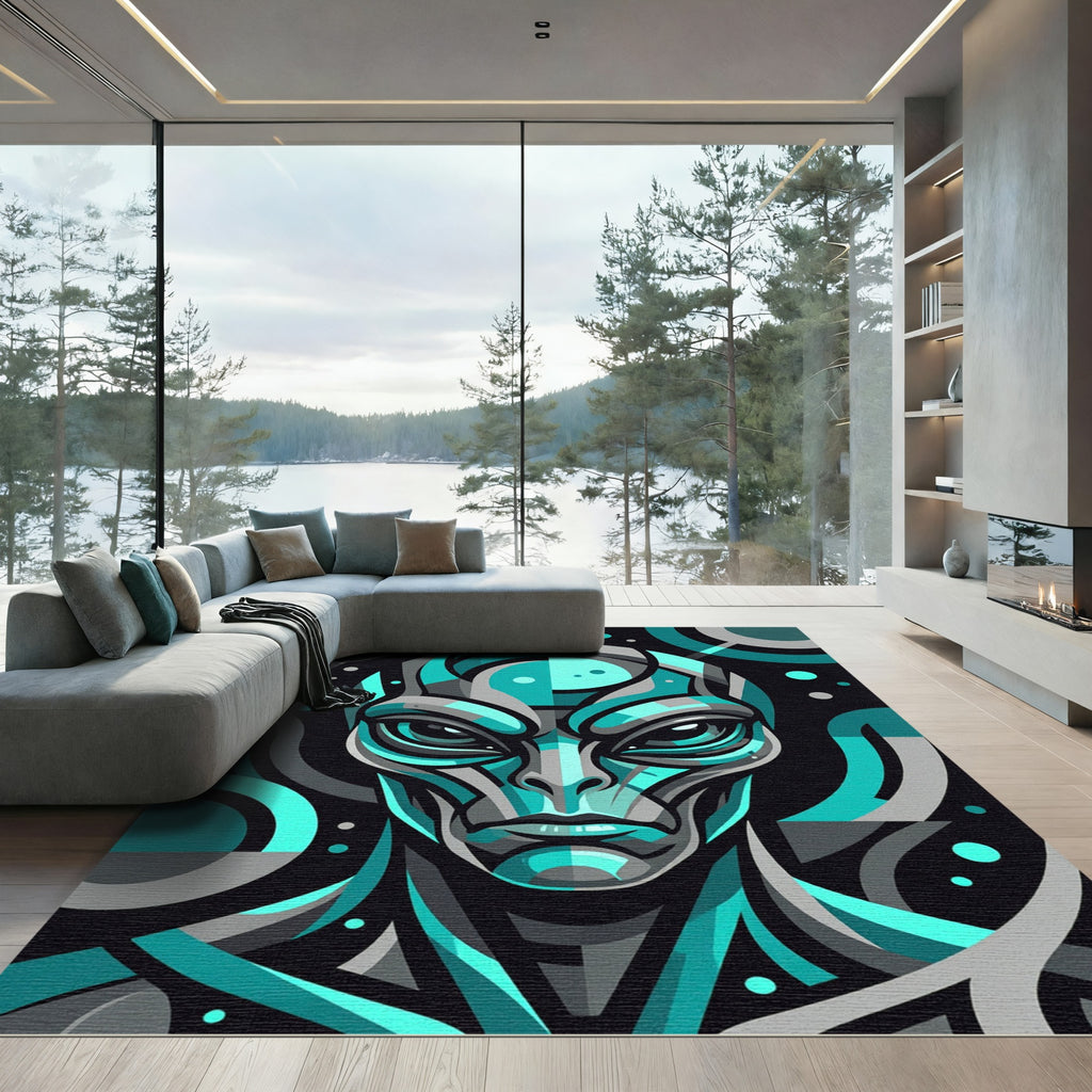 Cyan Geometric Alien Portrait Rug