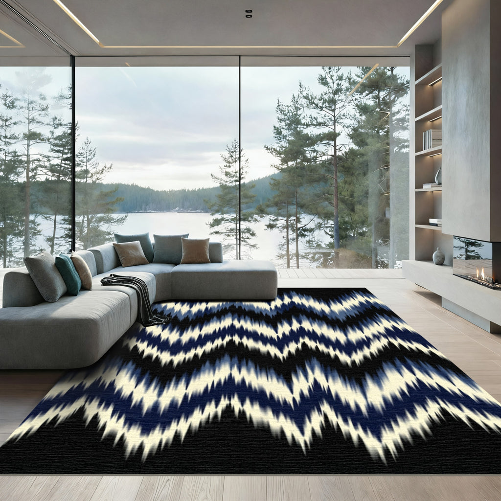 Indigo Cream Jagged Chevron Abstract Rug
