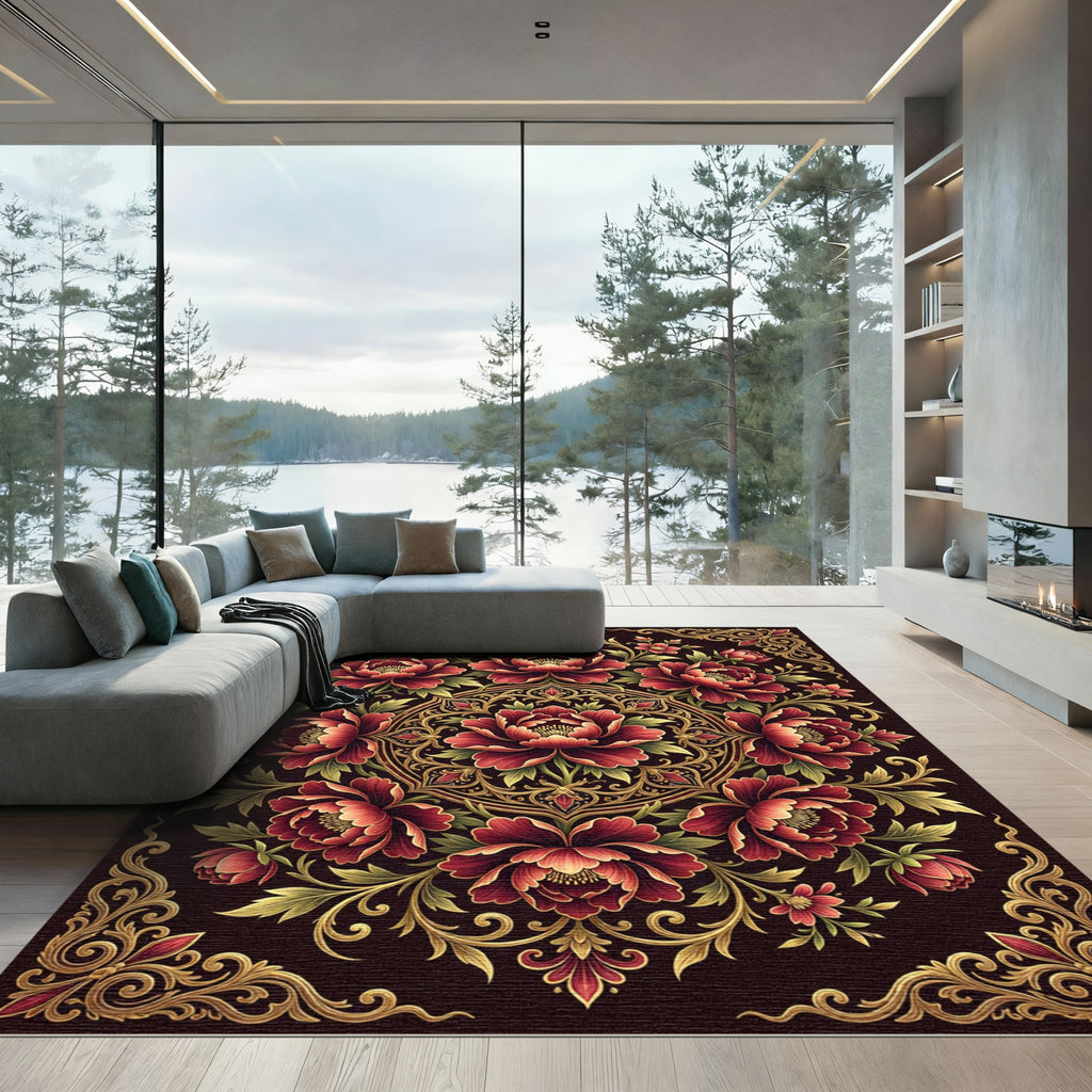 Gold Ornate Crimson Peony Medallion Rug