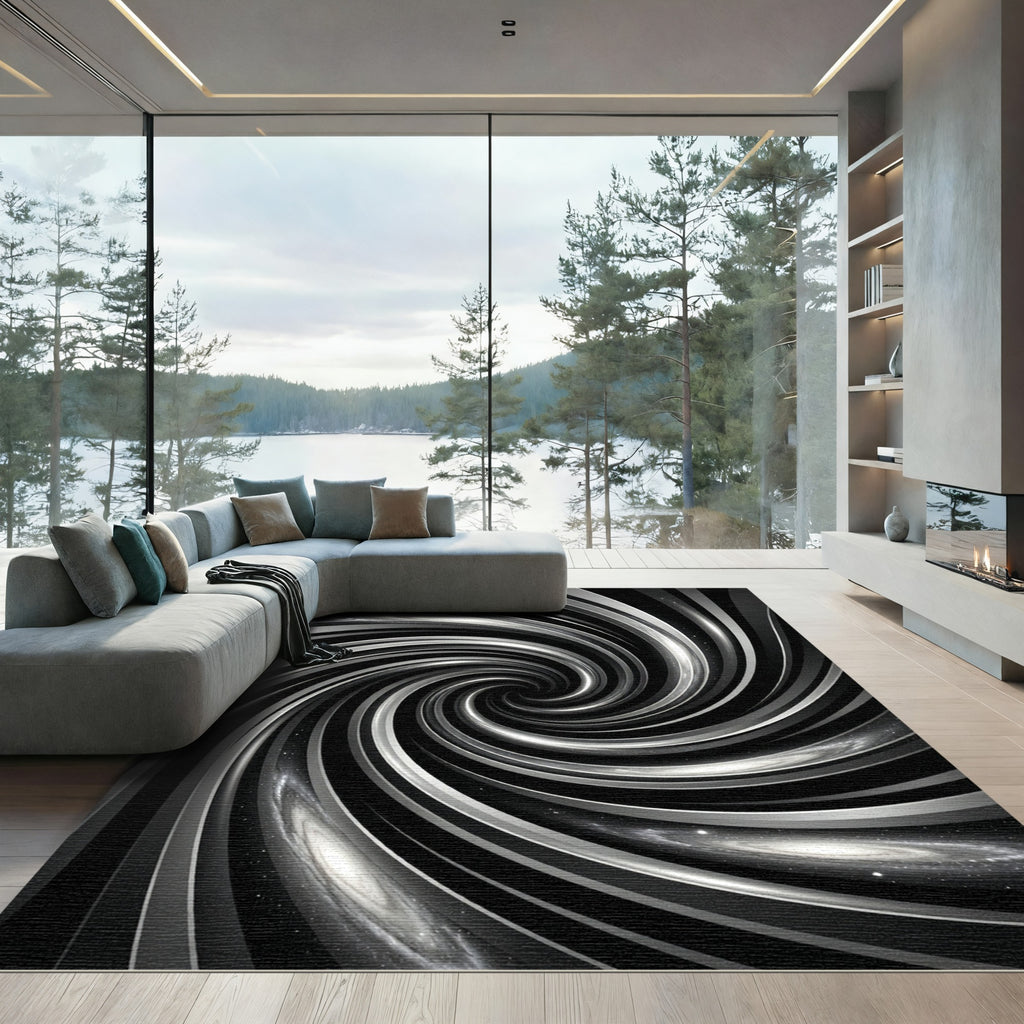 Cosmic Black and Silver Swirl Rug
