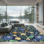 Chinoiserie Navy Lotus Chrysanthemum Floral Rug