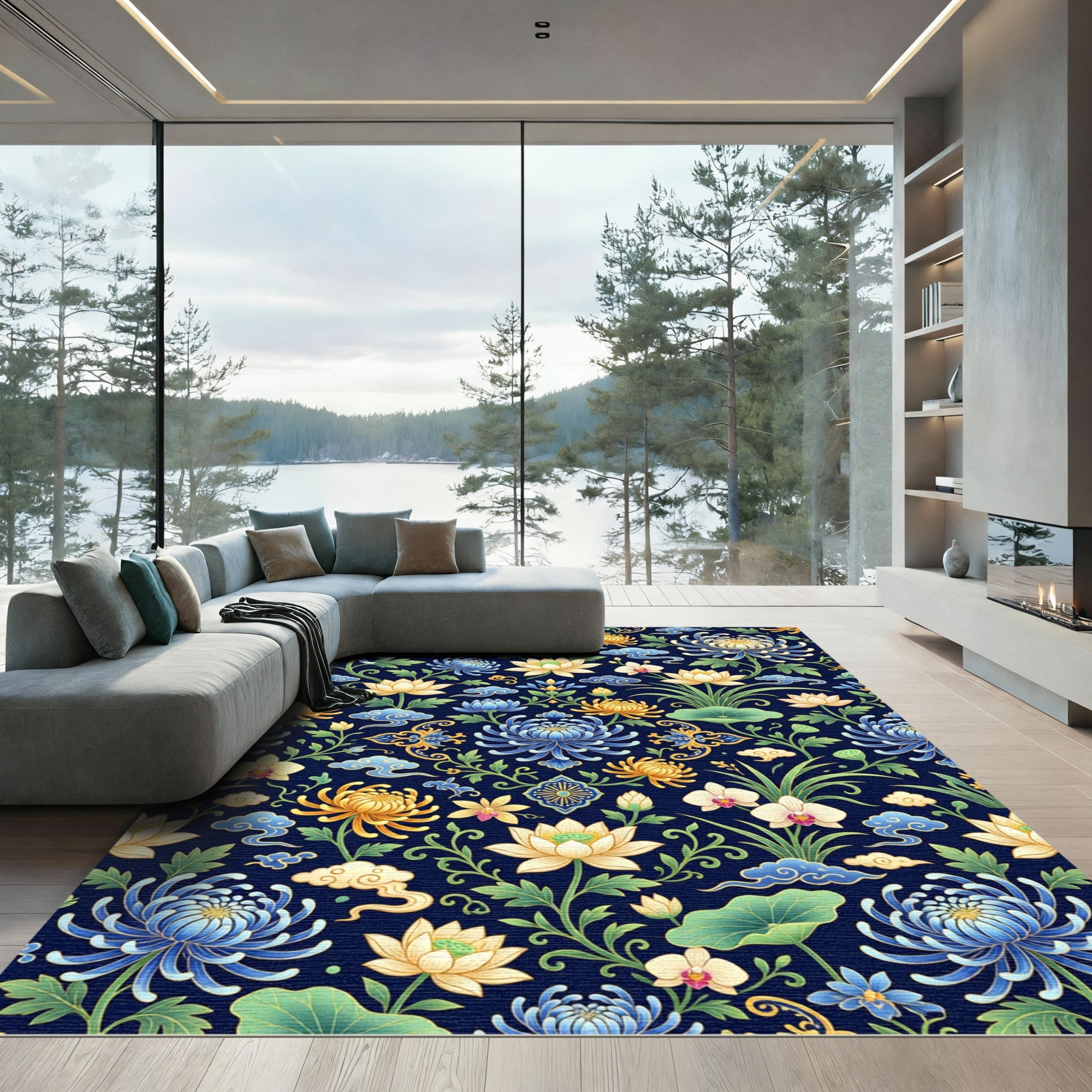 Chinoiserie Navy Lotus Chrysanthemum Floral Rug