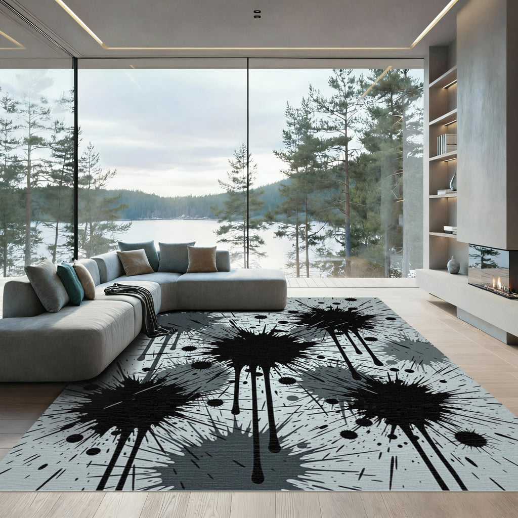 Monochromatic Abstract Black Ink Splatter Rug